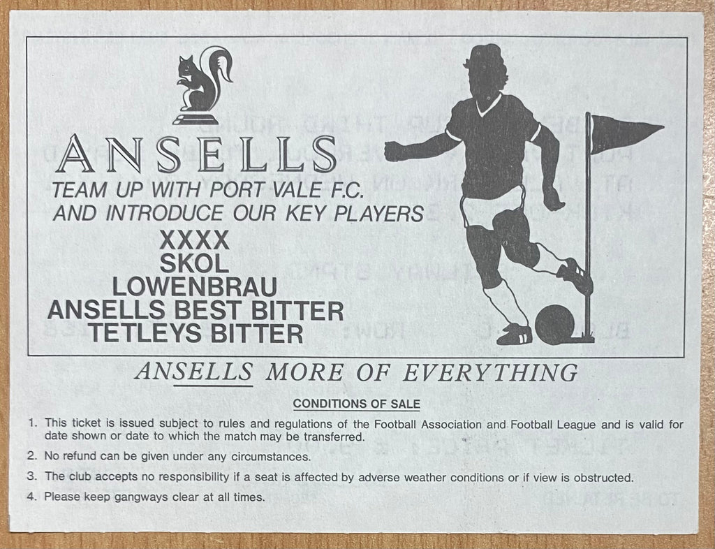 1991/92 ORIGINAL RUMBELOWS CUP 3RD ROUND TICKET PORT VALE V LIVERPOOL