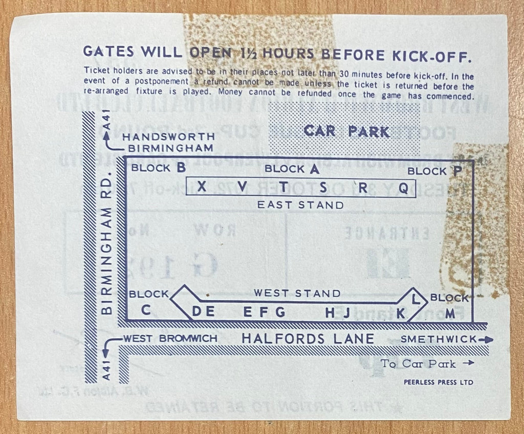 1972/73 ORIGINAL LEAGUE CUP 3RD ROUND TICKET WEST BROMWICH ALBION V LIVERPOOL