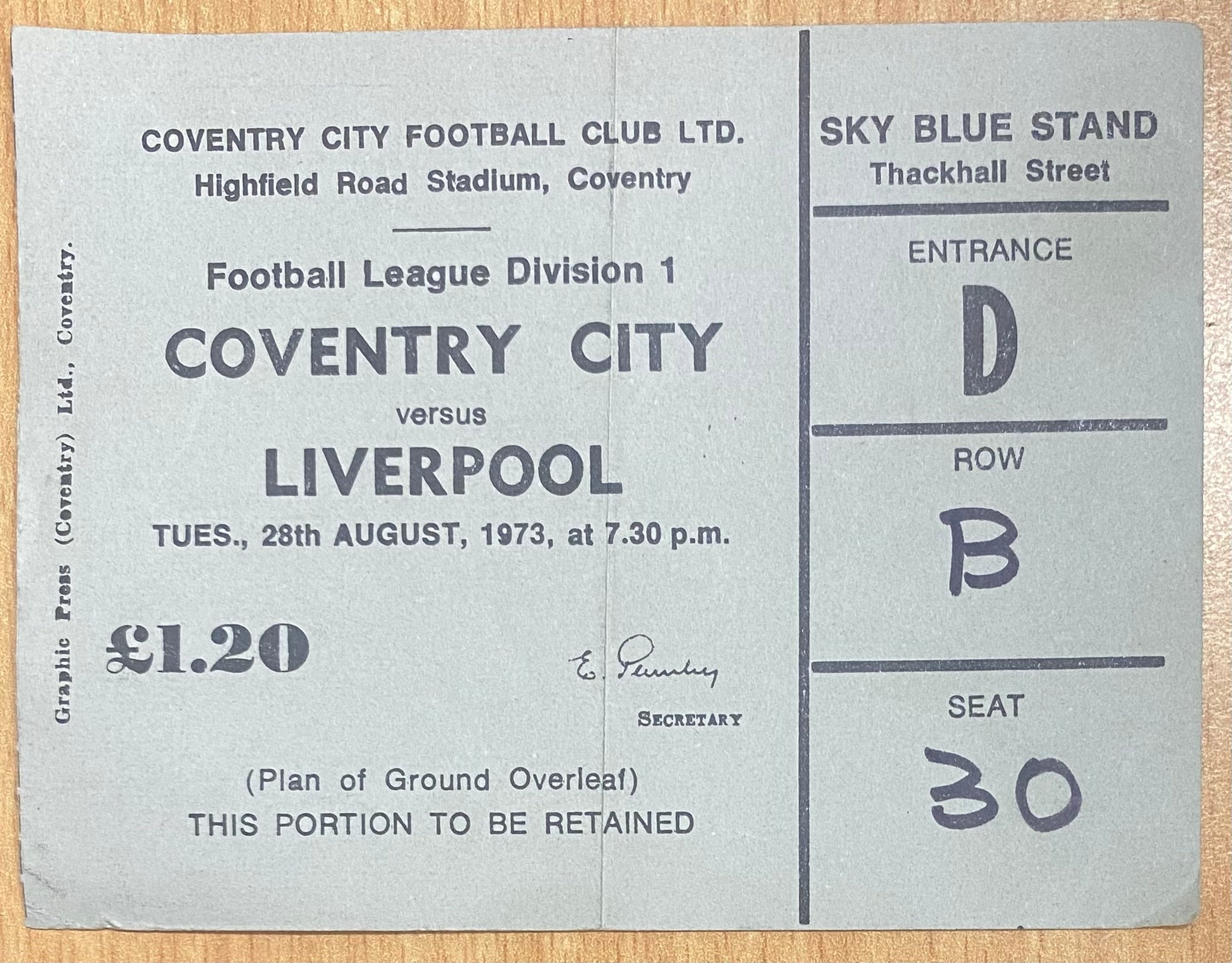1973/74 ORIGINAL DIVISION ONE TICKET COVENTRY CITY V LIVERPOOL