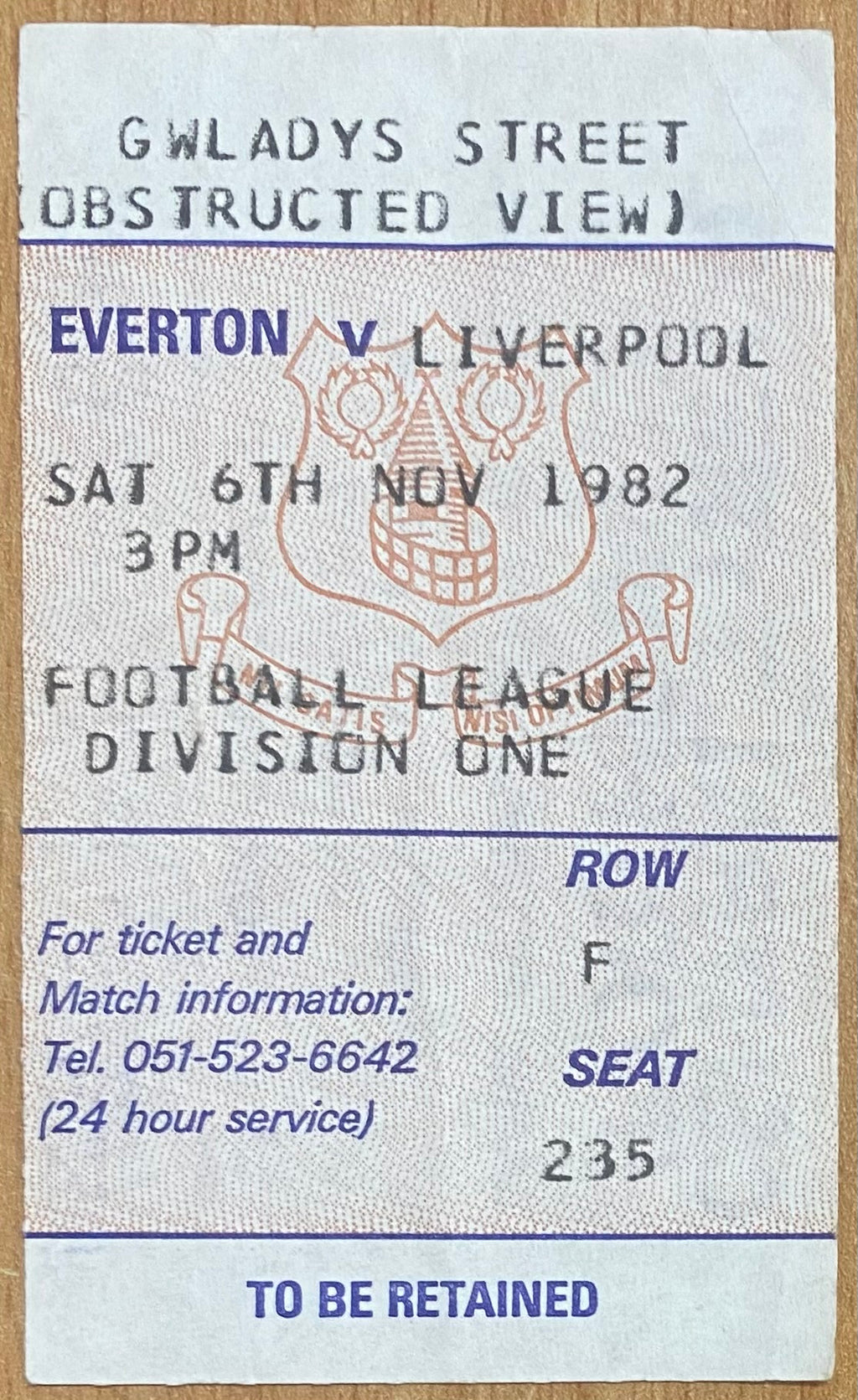 1982/83 ORIGINAL DIVISION ONE TICKET EVERTON V LIVERPOOL