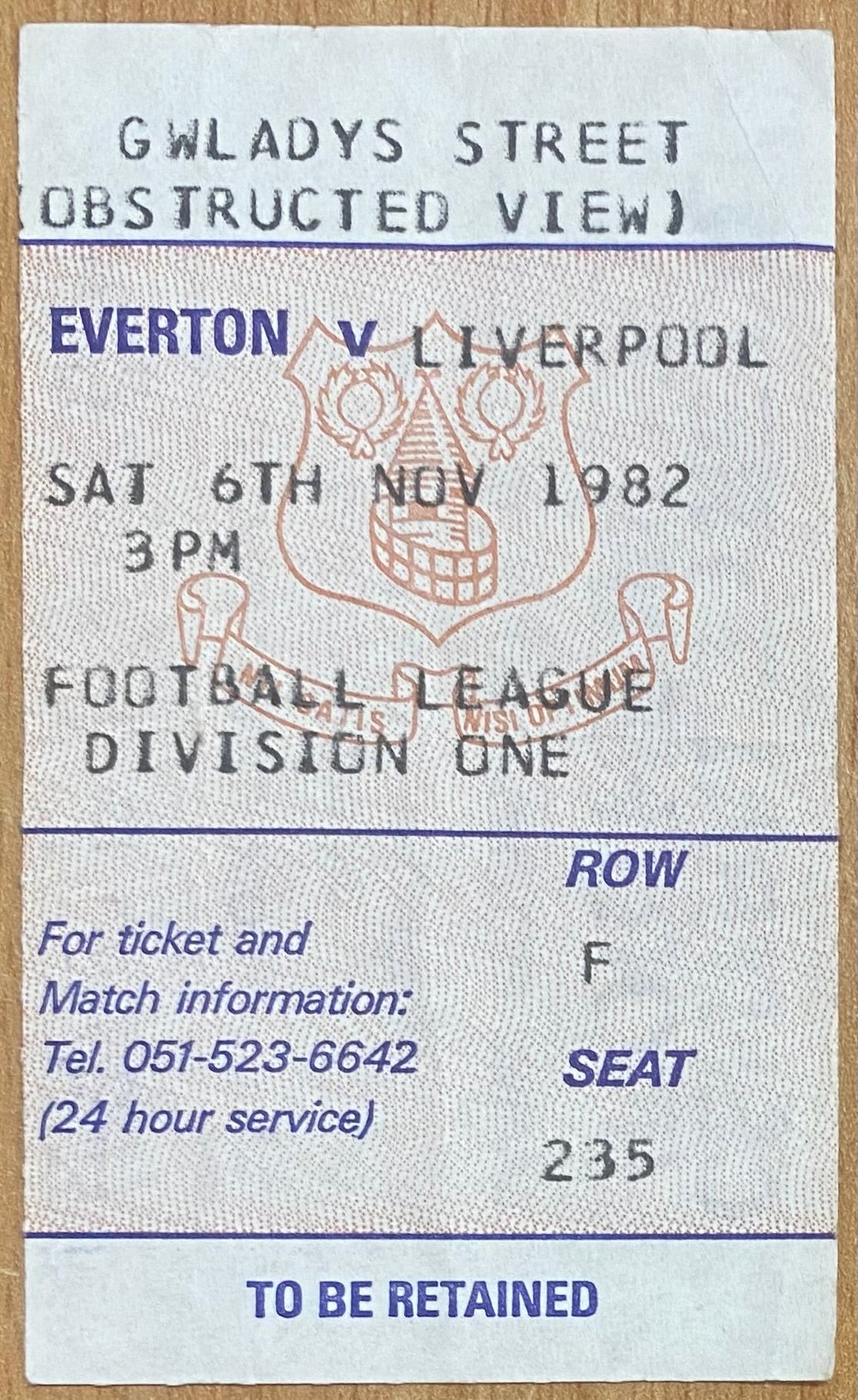1982/83 ORIGINAL DIVISION ONE TICKET EVERTON V LIVERPOOL