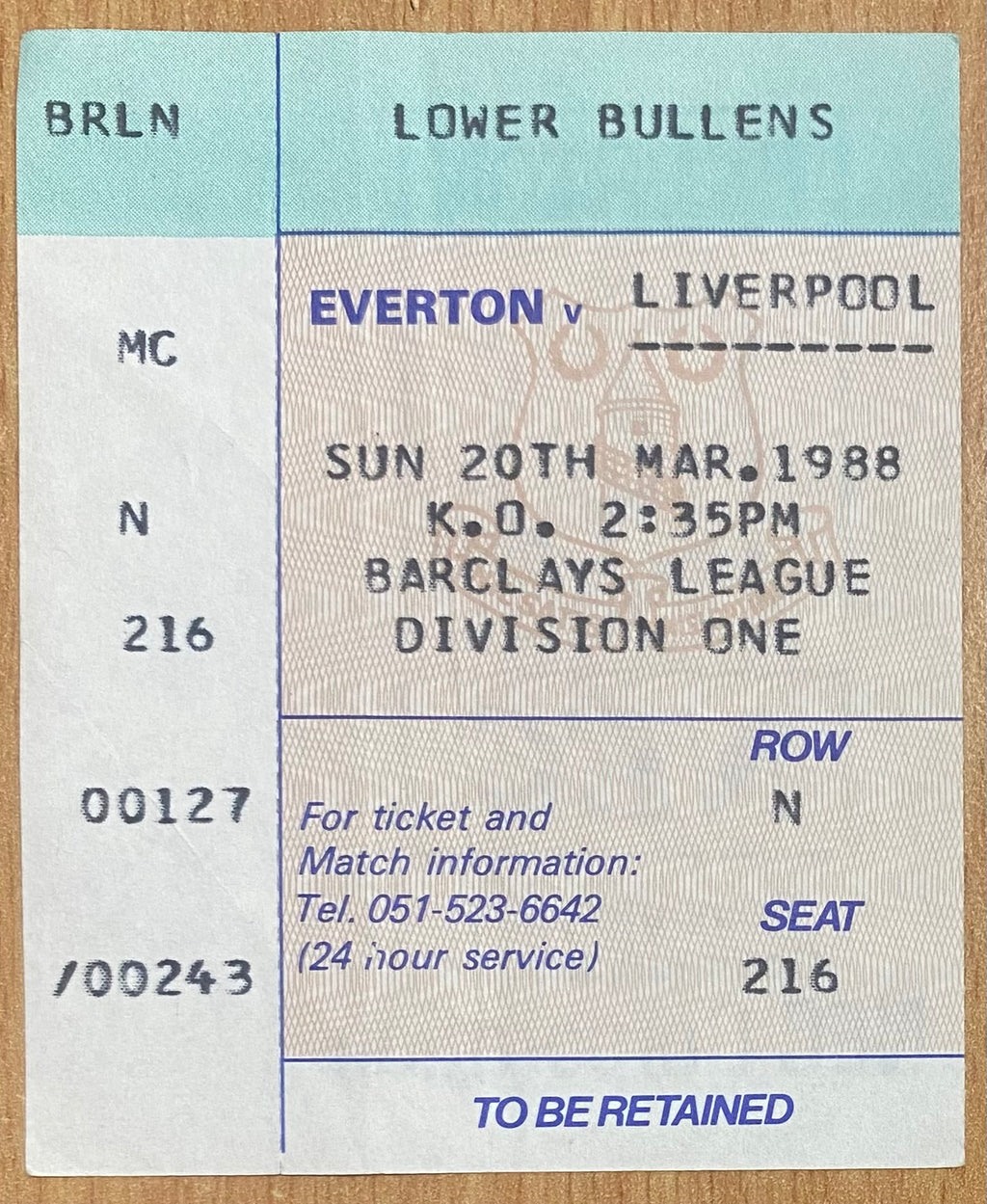 1987/88 ORIGINAL DIVISION ONE TICKET EVERTON V LIVERPOOL