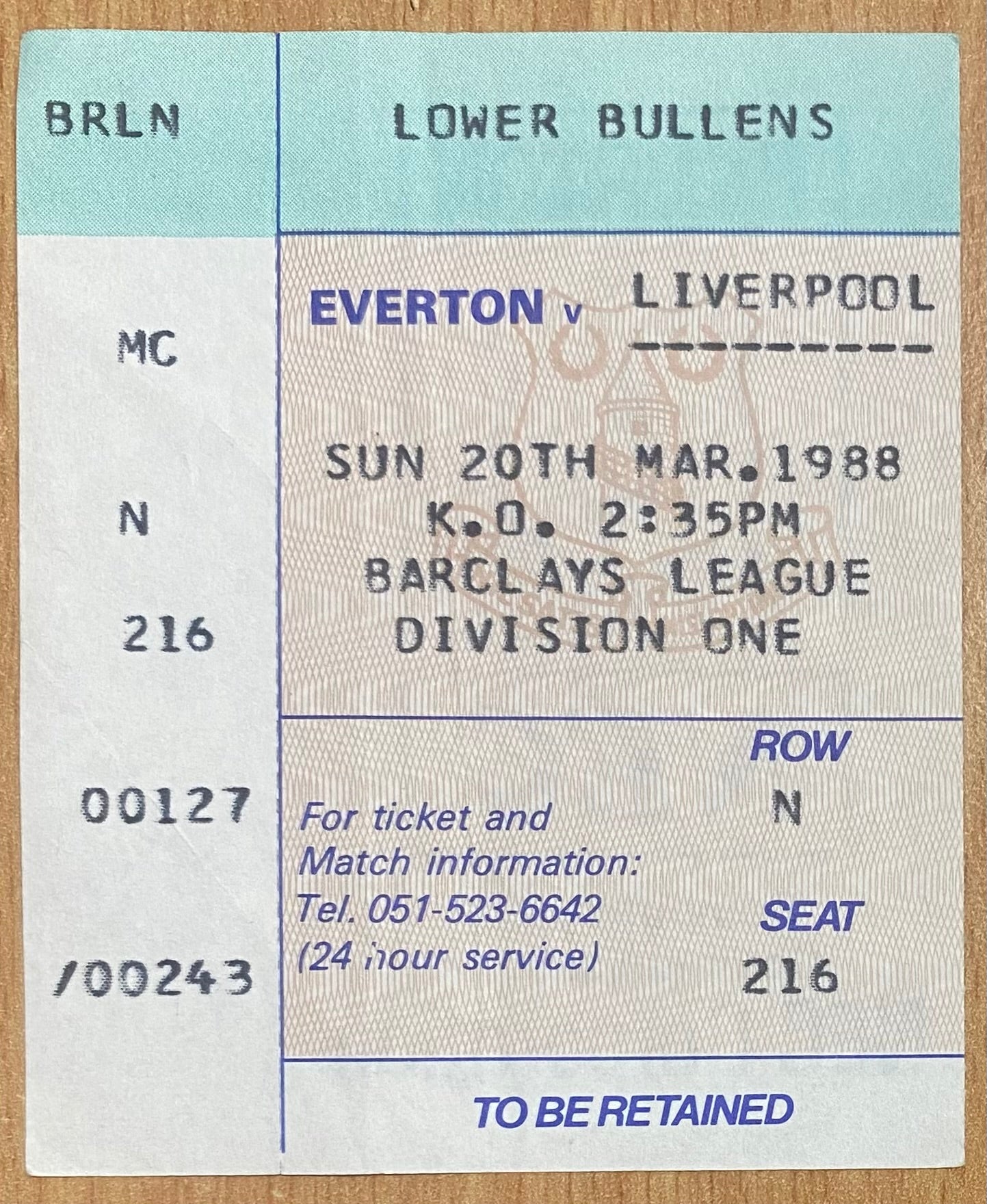 1987/88 ORIGINAL DIVISION ONE TICKET EVERTON V LIVERPOOL