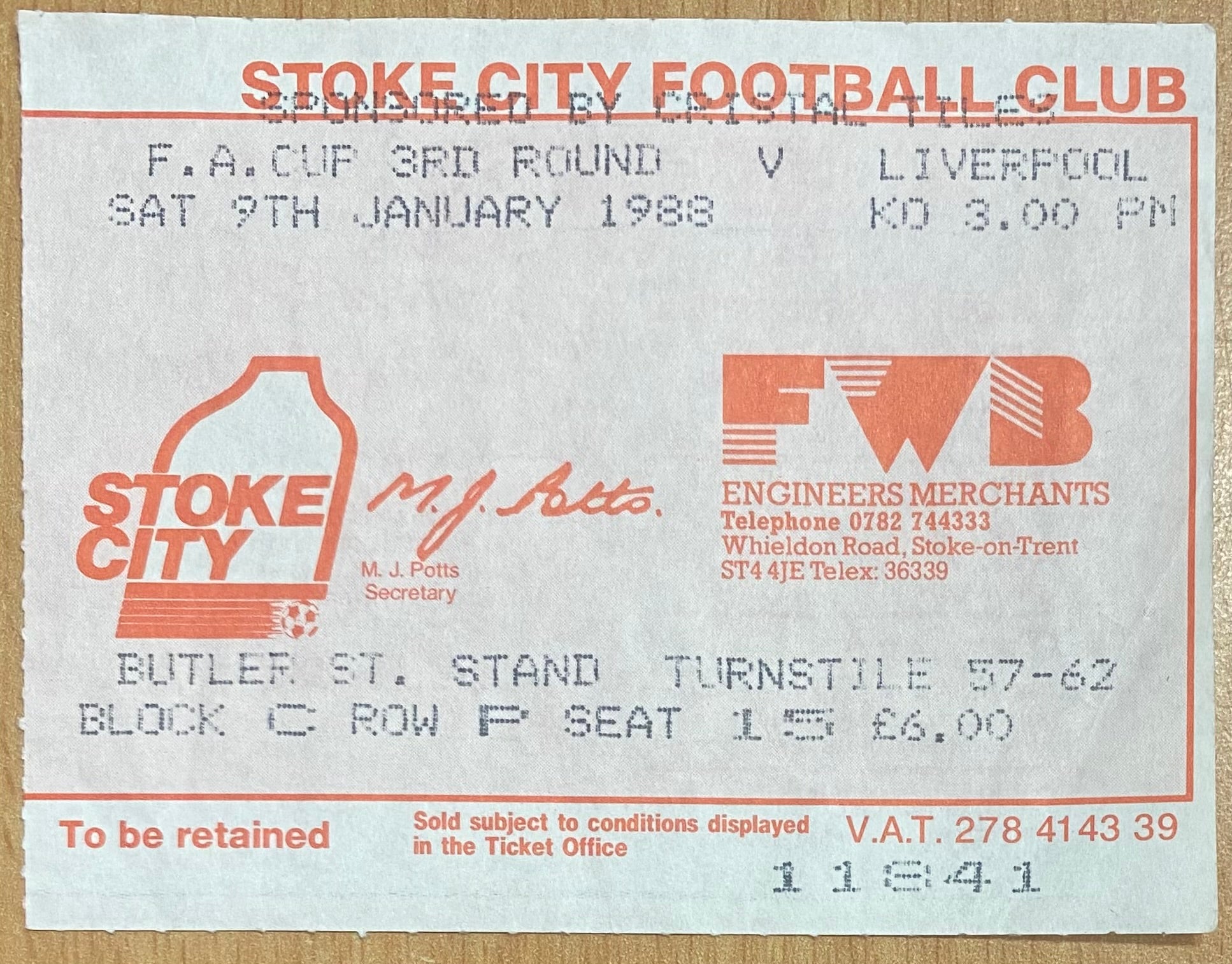 1987/88 ORIGINAL FA CUP 3RD ROUND TICKET STOKE CITY V LIVERPOOL