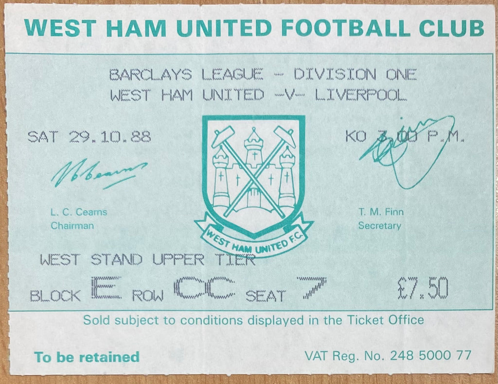 1988/89 ORIGINAL DIVISION ONE TICKET WEST HAM UNITED V LIVERPOOL
