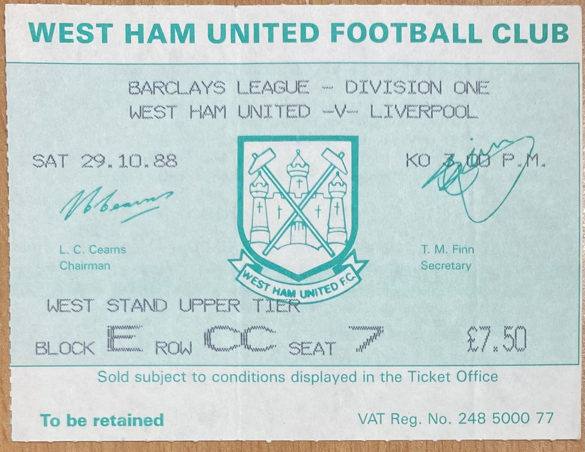 1988/89 ORIGINAL DIVISION ONE TICKET WEST HAM UNITED V LIVERPOOL