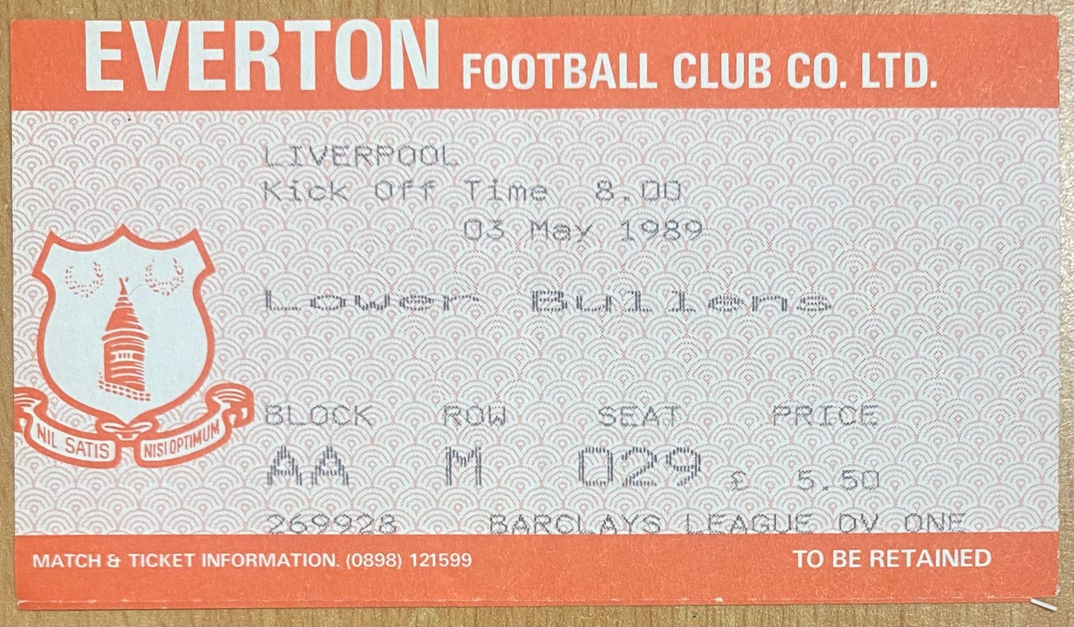 1988/89 ORIGINAL DIVISION ONE TICKET EVERTON V LIVERPOOL
