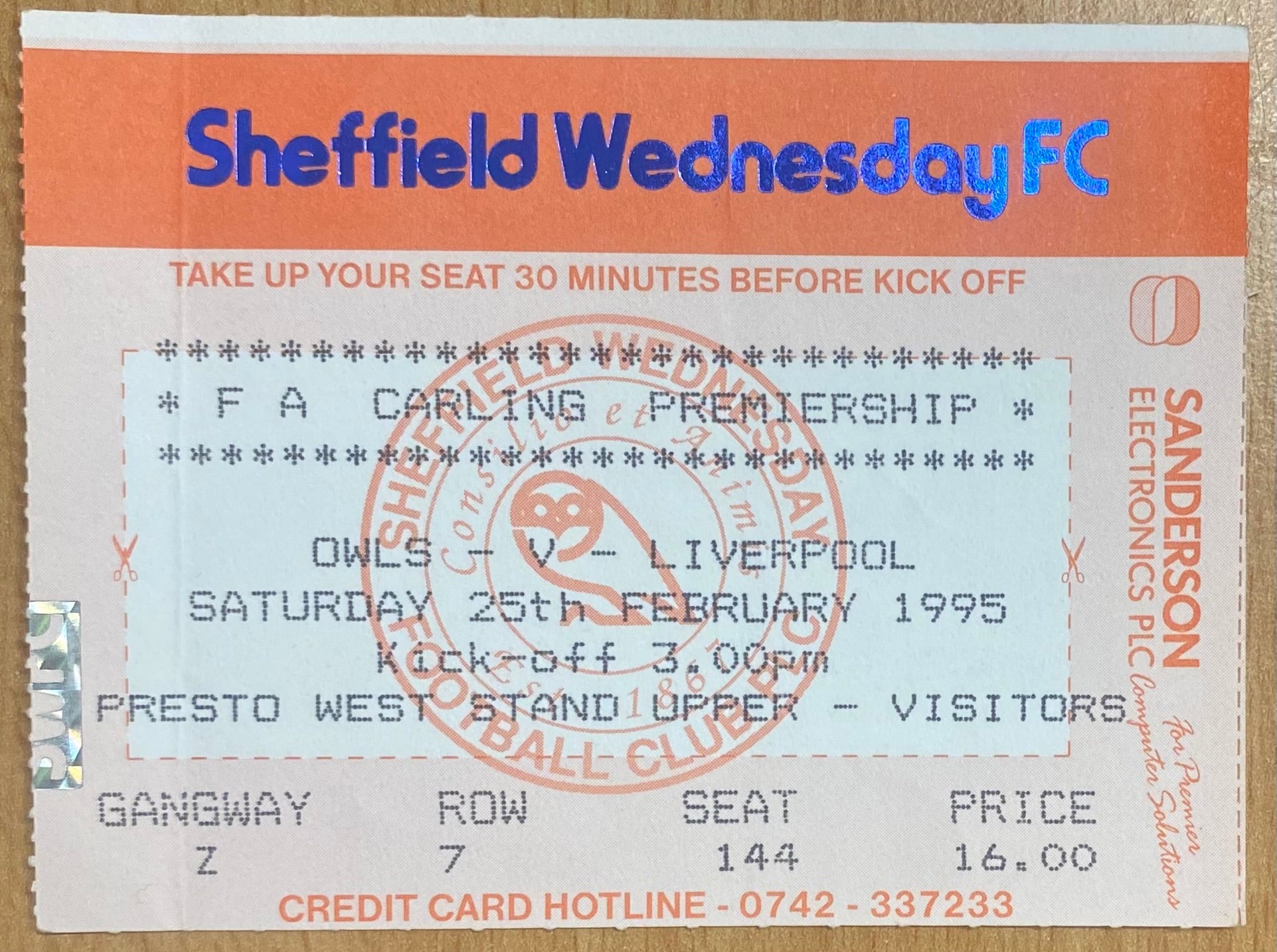 1994/95 ORIGINAL FA PREMIERSHIP TICKET SHEFFIELD WEDNESDAY V LIVERPOOL