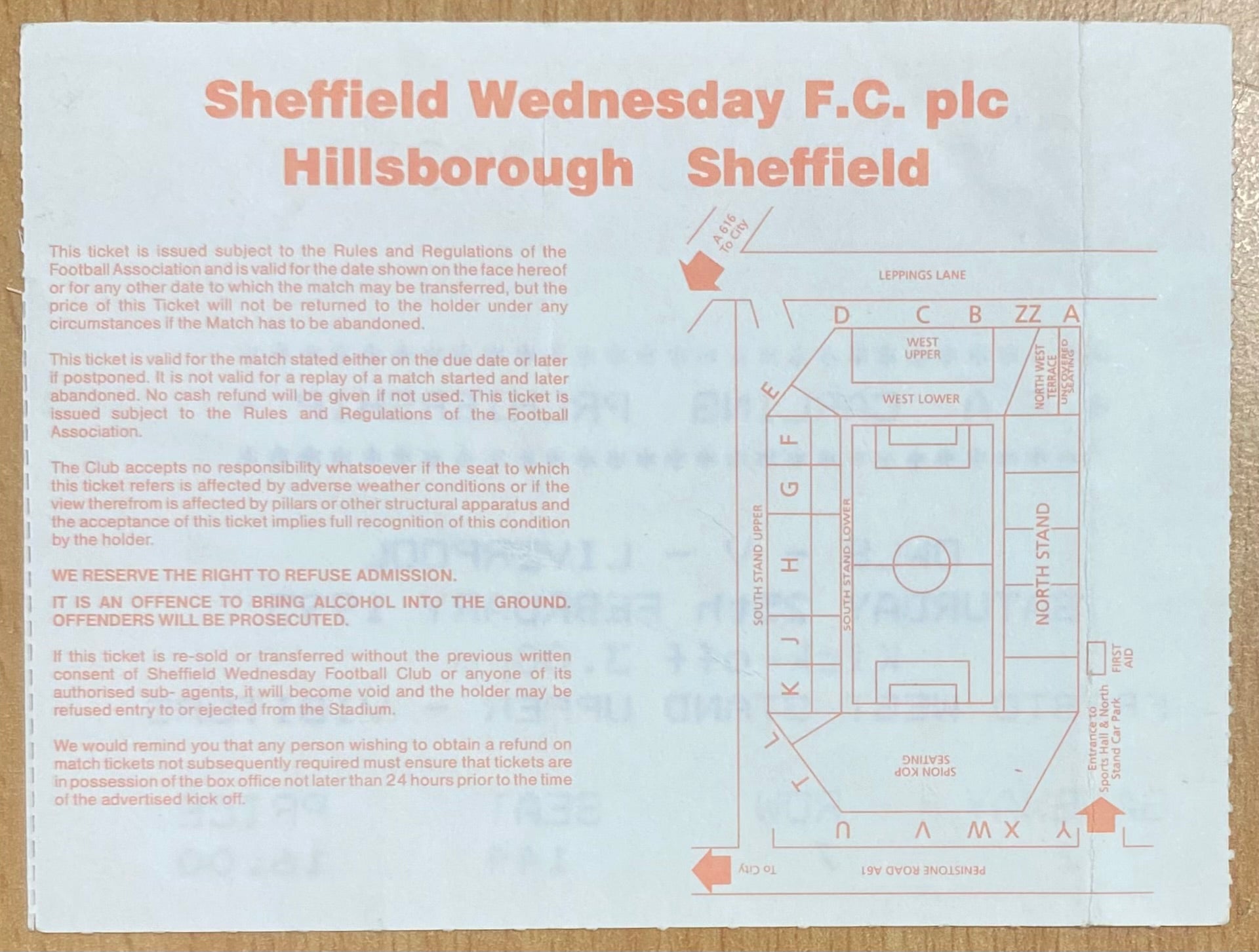 1994/95 ORIGINAL FA PREMIERSHIP TICKET SHEFFIELD WEDNESDAY V LIVERPOOL