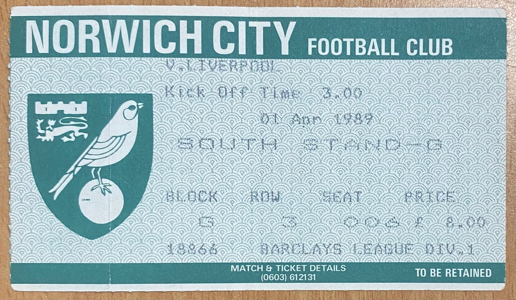 1988/89 ORIGINAL DIVISION ONE TICKET NORWICH CITY V LIVERPOOL