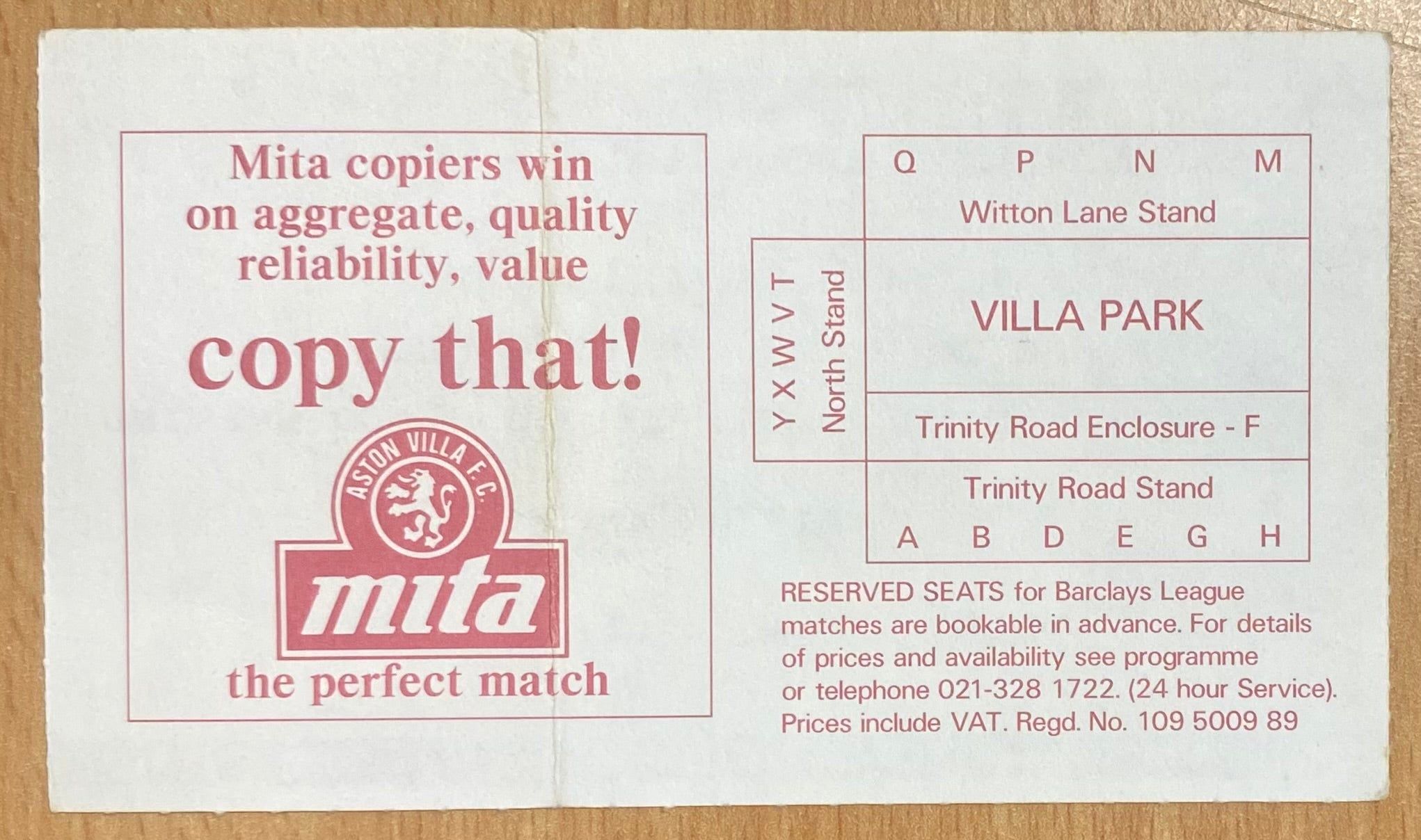 1989/90 ORIGINAL DIVISION ONE TICKET ASTON VILLA V LIVERPOOL