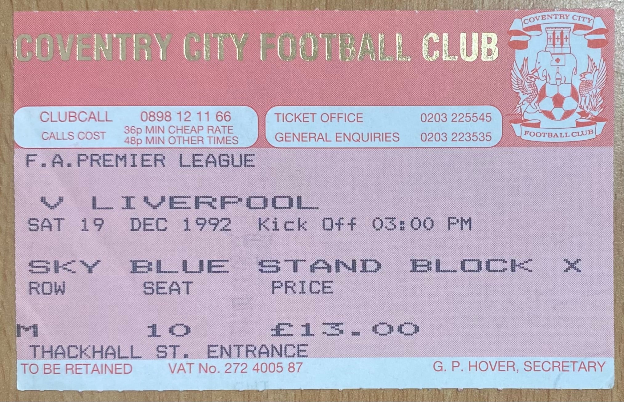 1992/93 ORIGINAL PREMIER LEAGUE TICKET COVENTRY CITY V LIVERPOOL