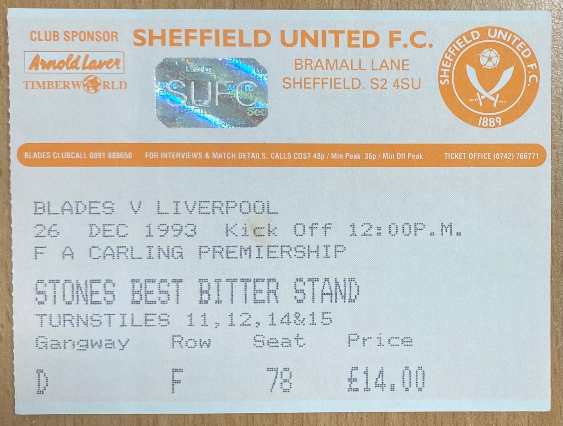 1993/94 ORIGINAL FA PREMIERSHIP TICKET SHEFFIELD UNITED V LIVERPOOL