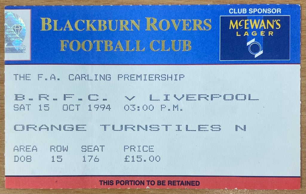 1994/95 ORIGINAL FA PREMIERSHIP TICKET BLACKBURN ROVERS V LIVERPOOL