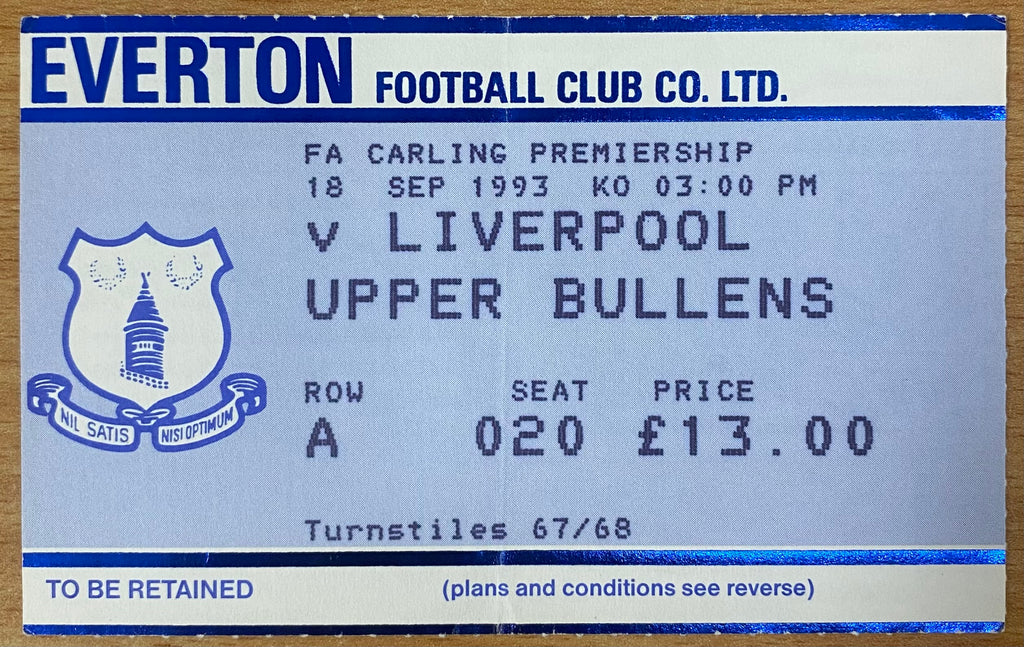 1993/94 ORIGINAL FA PREMIERSHIP TICKET EVERTON V LIVERPOOL