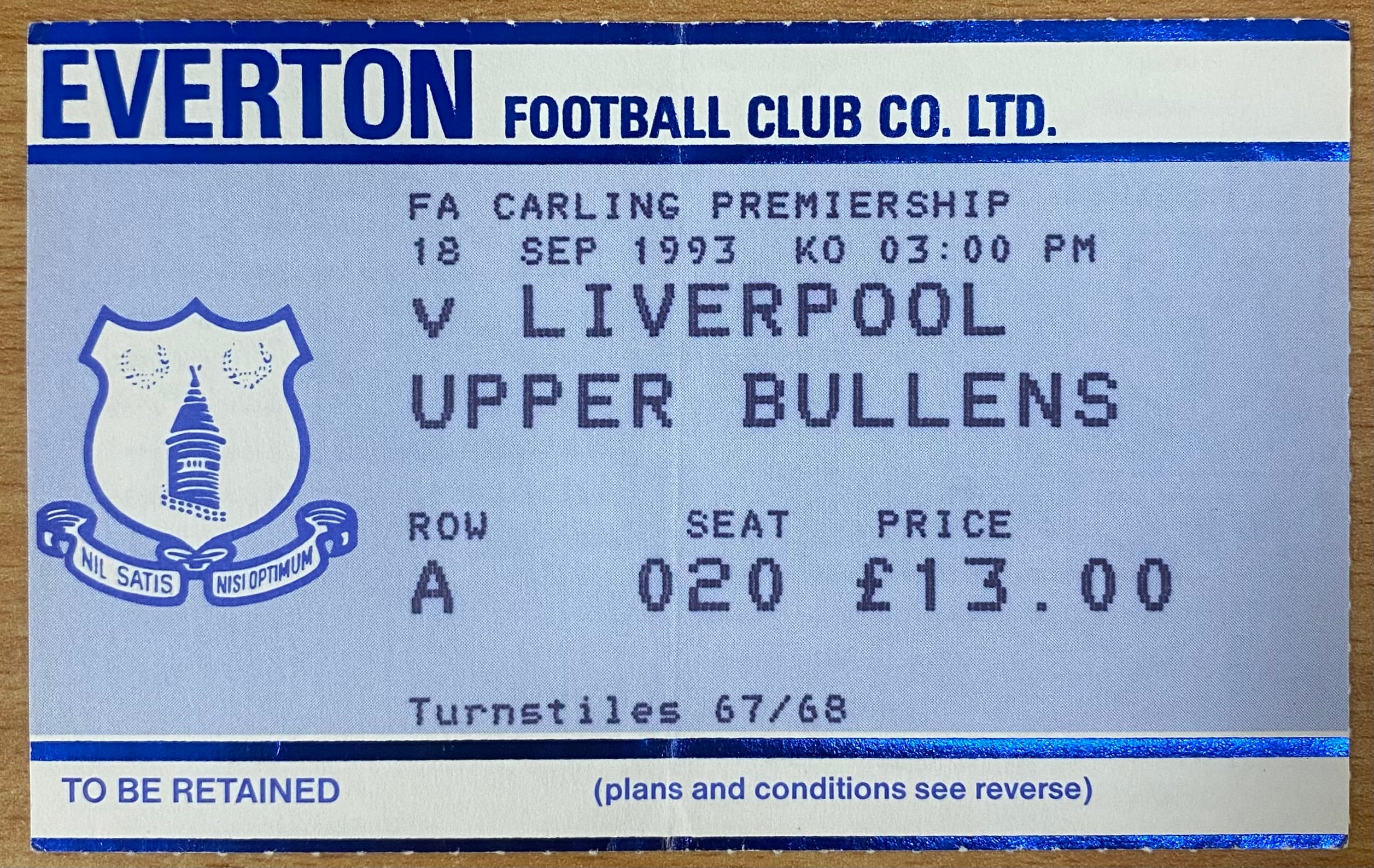 1993/94 ORIGINAL FA PREMIERSHIP TICKET EVERTON V LIVERPOOL