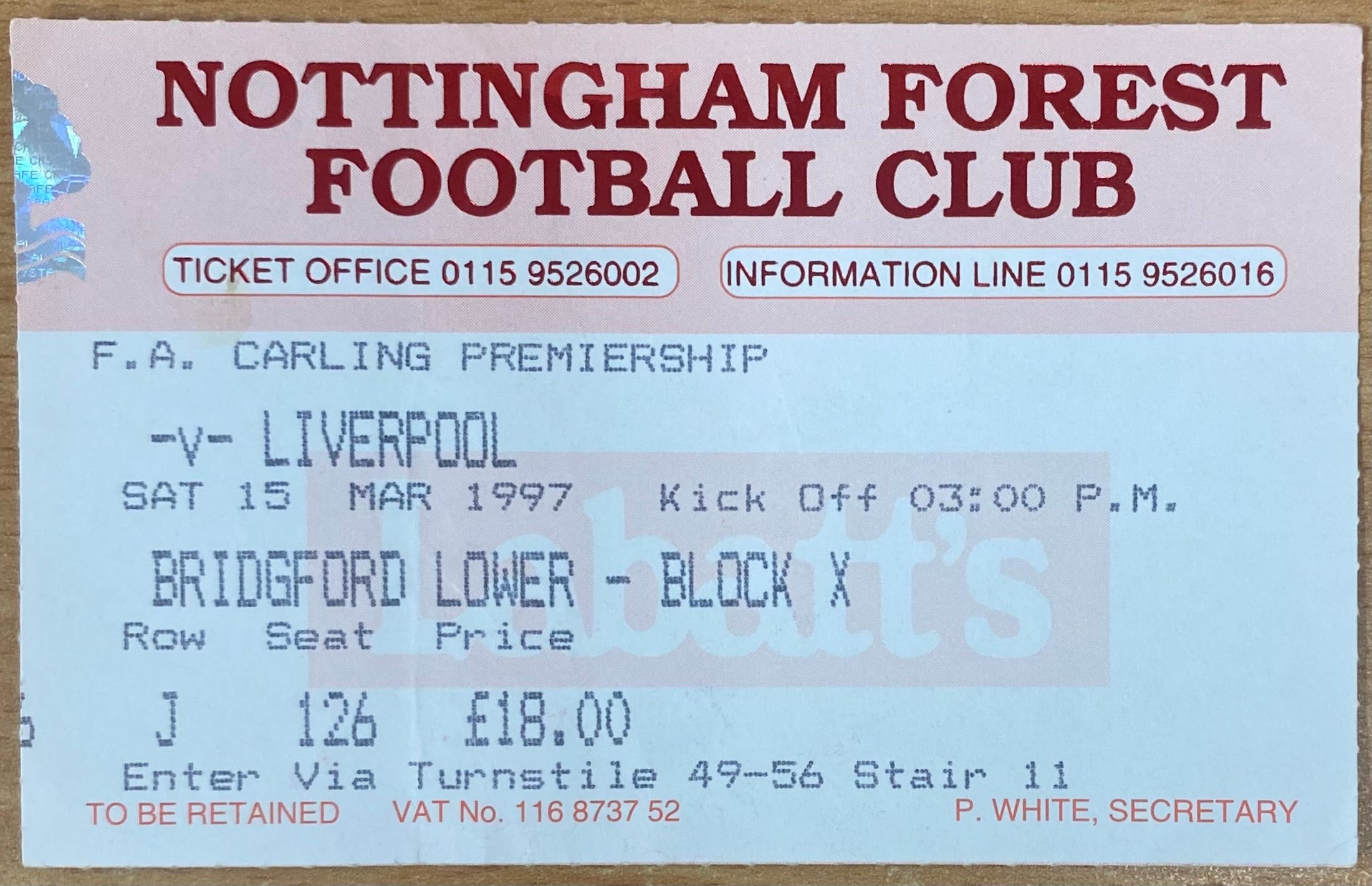 1996/97 ORIGINAL FA PREMIERSHIP TICKET NOTTINGHAM FOREST V LIVERPOOL