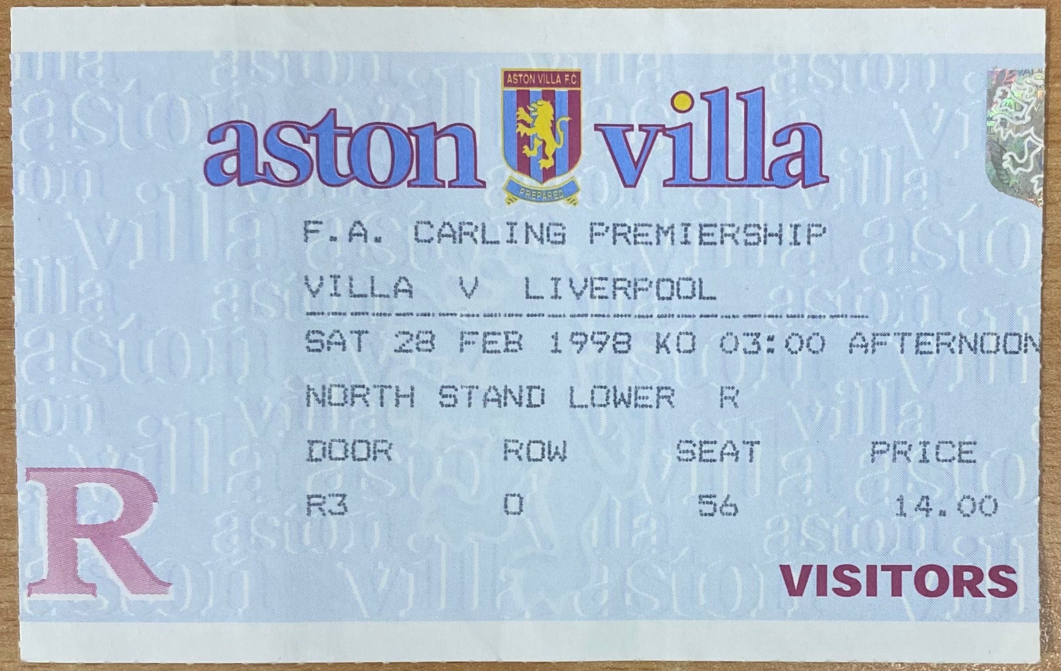 1997/98 ORIGINAL FA PREMIERSHIP TICKET ASTON VILLA V LIVERPOOL