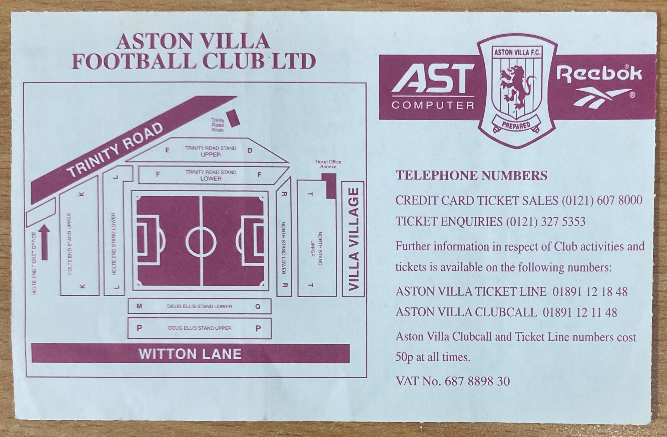 1997/98 ORIGINAL FA PREMIERSHIP TICKET ASTON VILLA V LIVERPOOL