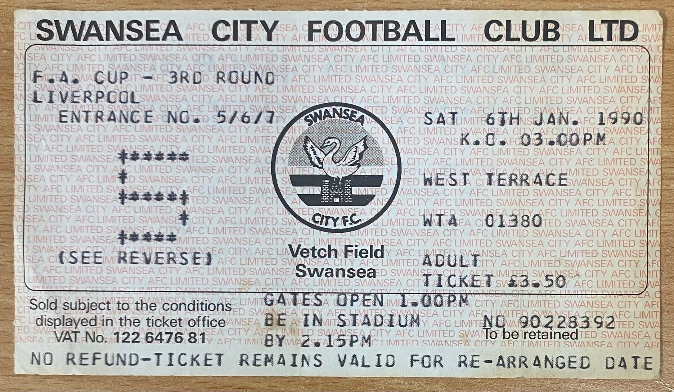 1989/90 ORIGINAL FA CUP 3RD ROUND TICKET SWANSEA CITY V LIVERPOOL