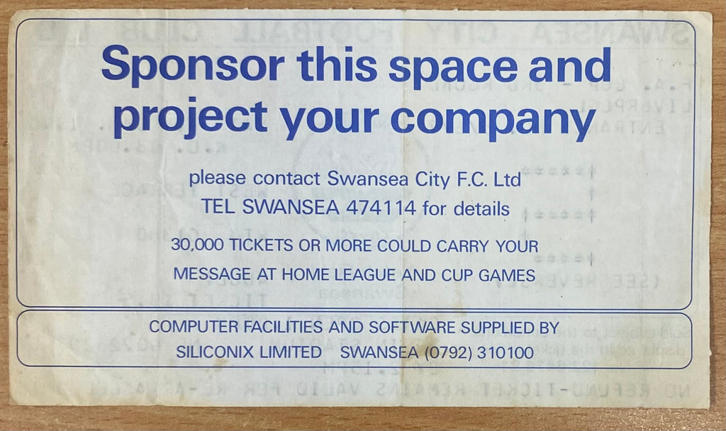 1989/90 ORIGINAL FA CUP 3RD ROUND TICKET SWANSEA CITY V LIVERPOOL