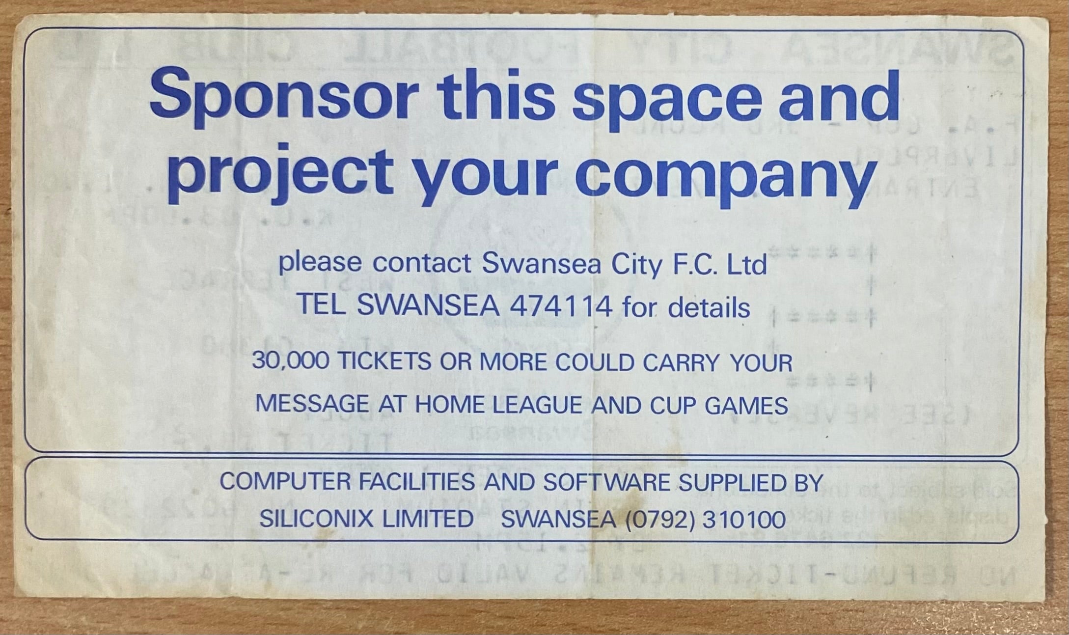 1989/90 ORIGINAL FA CUP 3RD ROUND TICKET SWANSEA CITY V LIVERPOOL