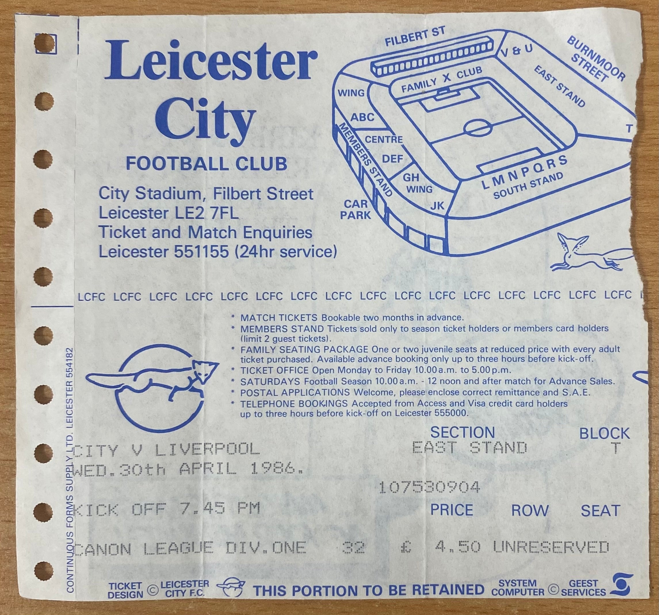 1985/86 ORIGINAL DIVISION ONE TICKET LEICESTER CITY V LIVERPOOL