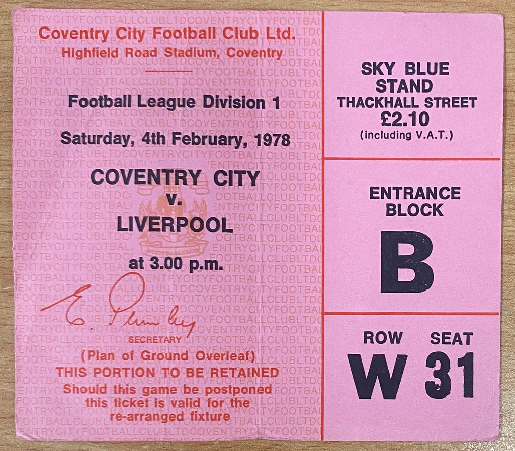1977/78 ORIGINAL DIVISION ONE TICKET COVENTRY CITY V LIVERPOOL
