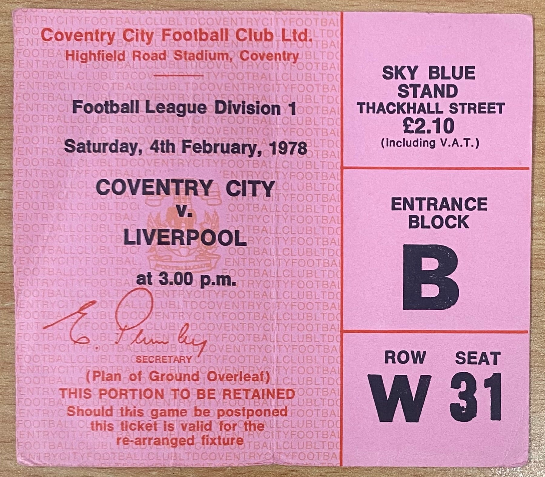 1977/78 ORIGINAL DIVISION ONE TICKET COVENTRY CITY V LIVERPOOL
