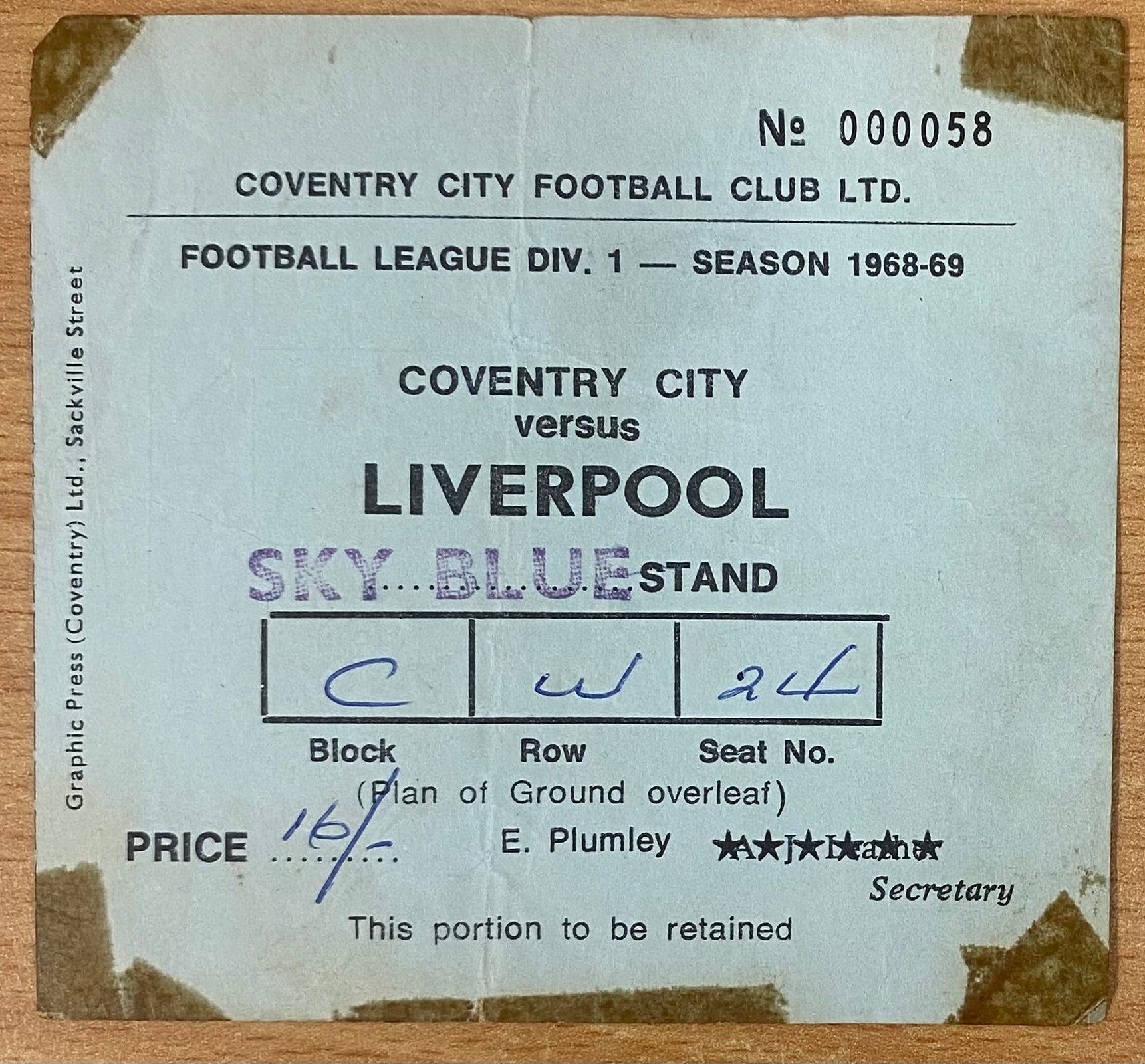 1968/69 ORIGINAL DIVISION ONE TICKET COVENTRY CITY V LIVERPOOL