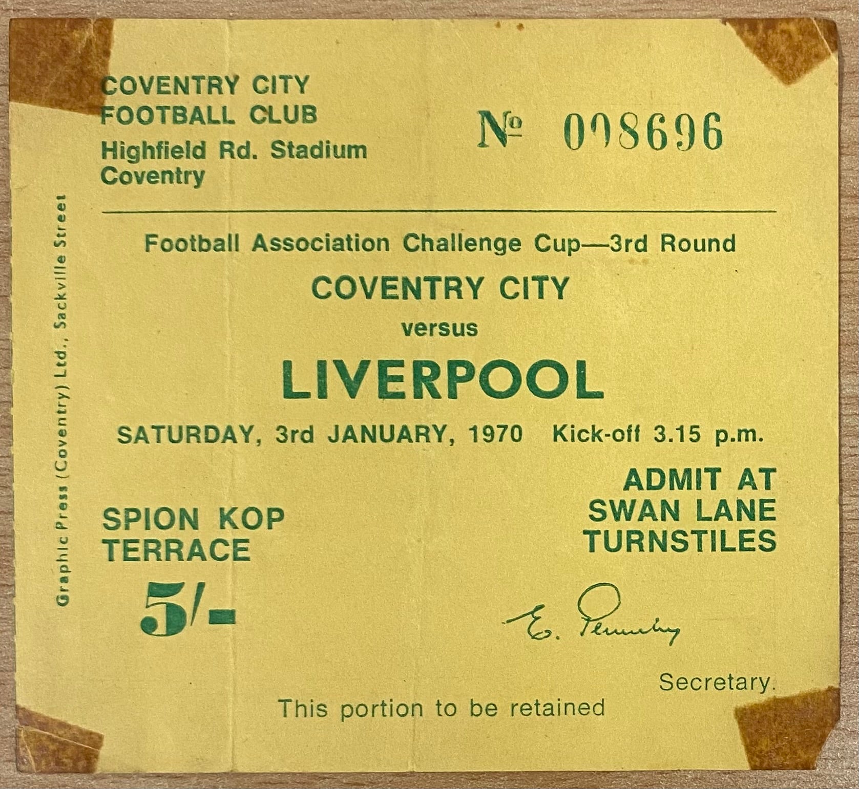 1969/70 ORIGINAL FA CUP 3RD ROUND TICKET COVENTRY CITY V LIVERPOOL