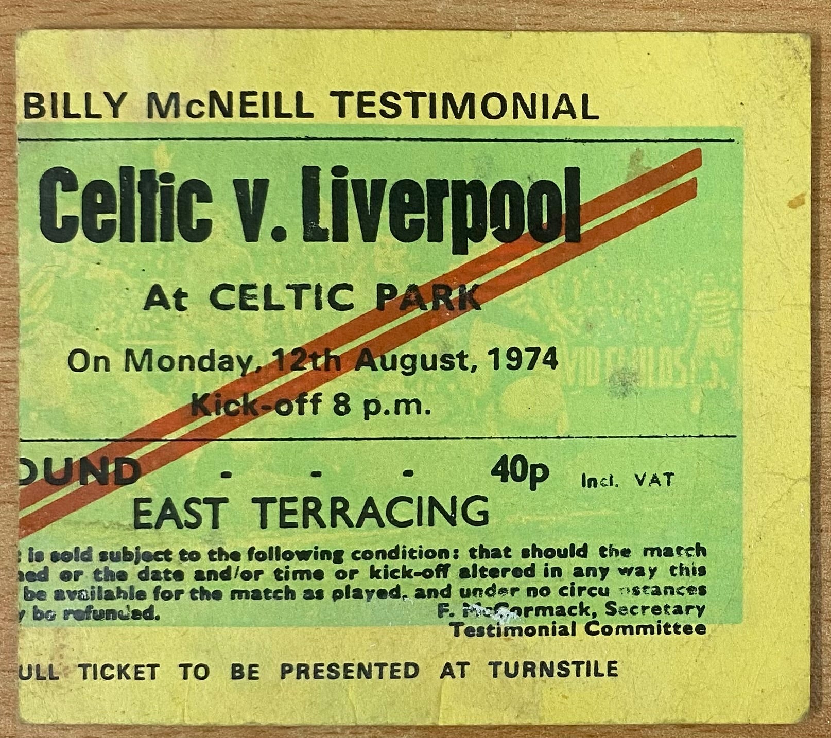 1974 ORIGINAL BILLY McNEILL TESTIMONIAL TICKET GLASGOW CELTIC V LIVERPOOL
