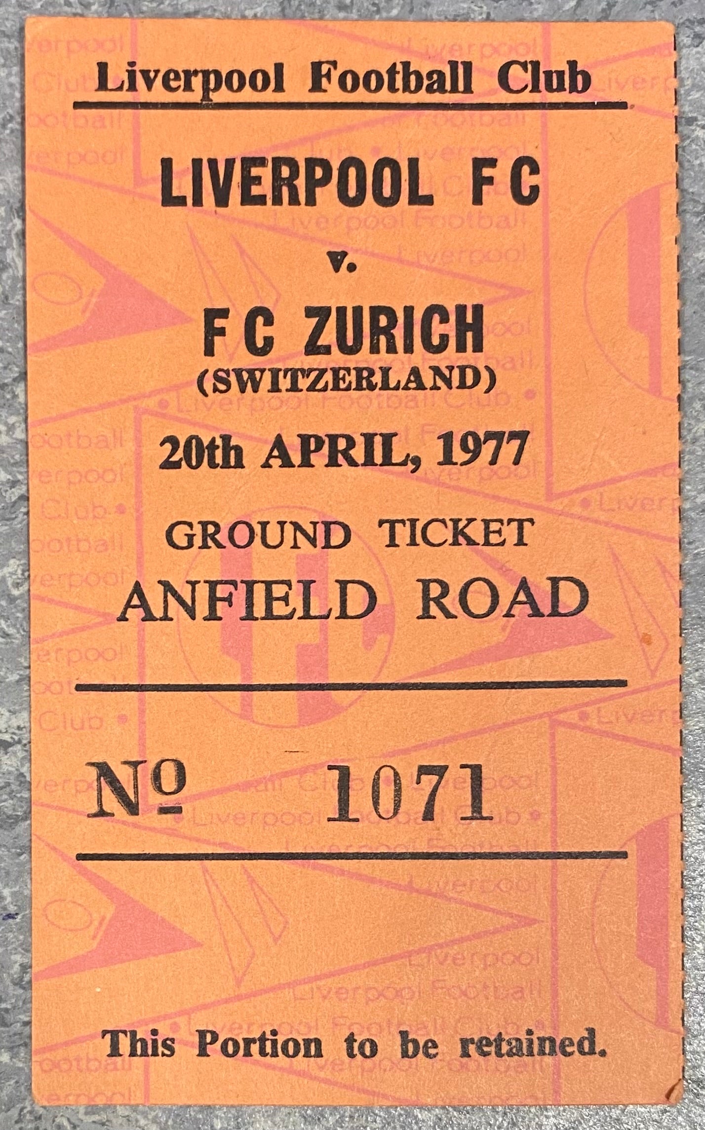 1976/77 ORIGINAL EUROPEAN CUP SEMI FINAL 2ND LEG TICKET LIVERPOOL V FC ZURICH