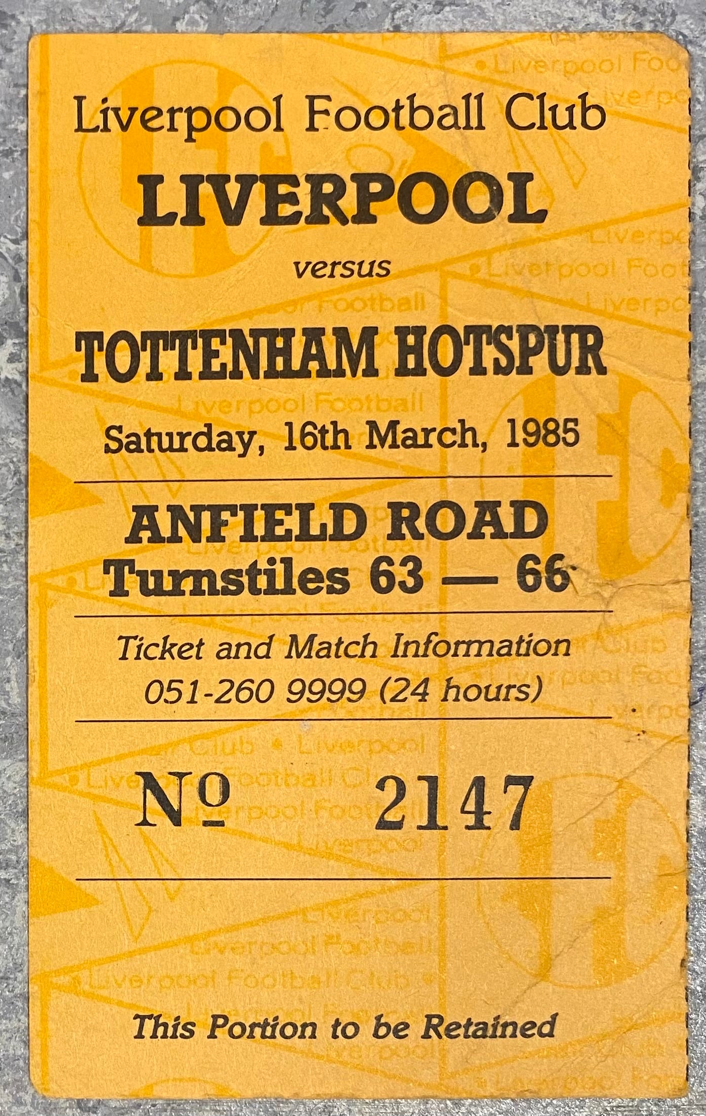 1984/85 ORIGINAL DIVISION ONE TICKET LIVERPOOL V TOTTENHAM HOTSPUR