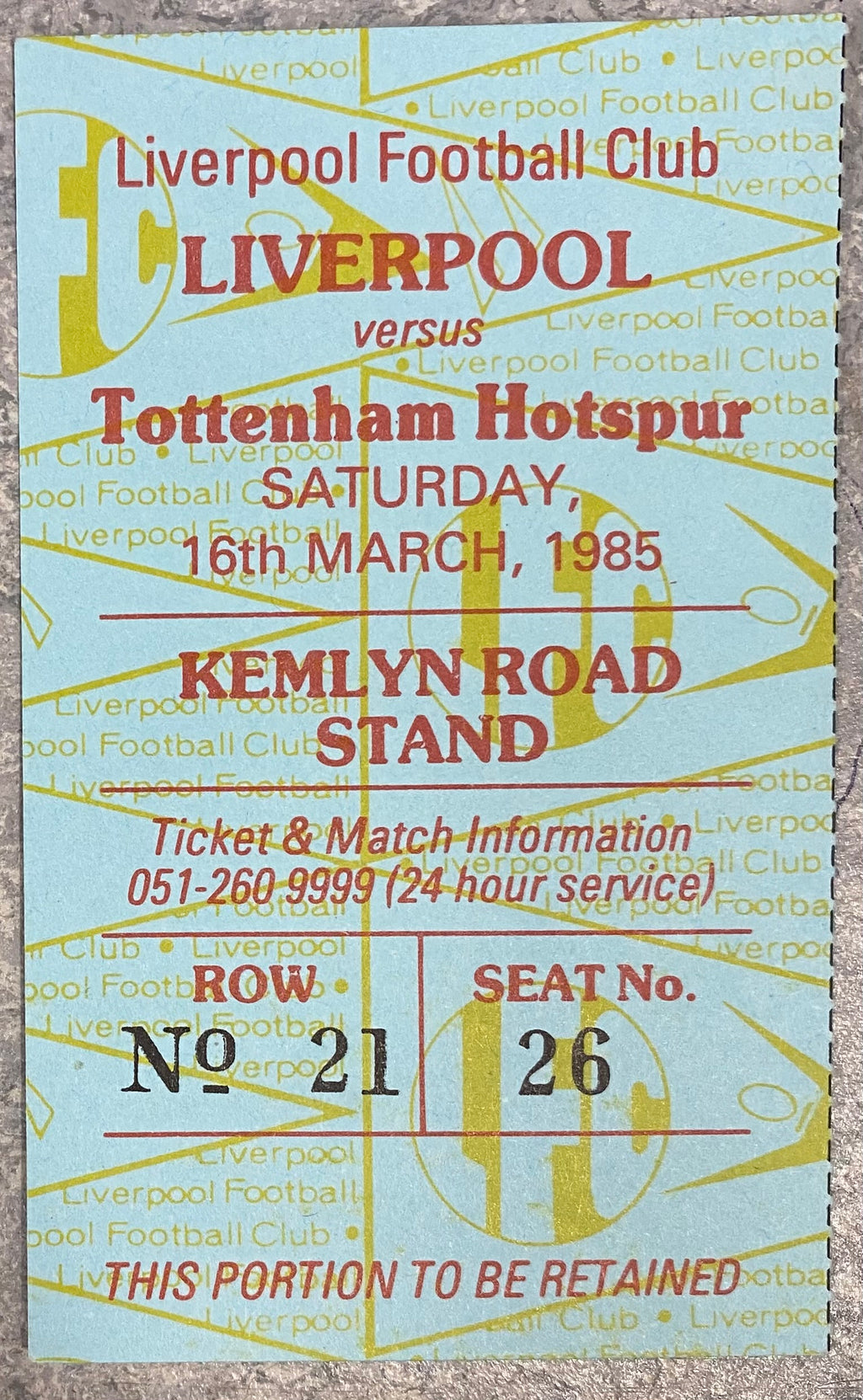1984/85 ORIGINAL DIVISION ONE TICKET LIVERPOOL V TOTTENHAM HOTSPUR