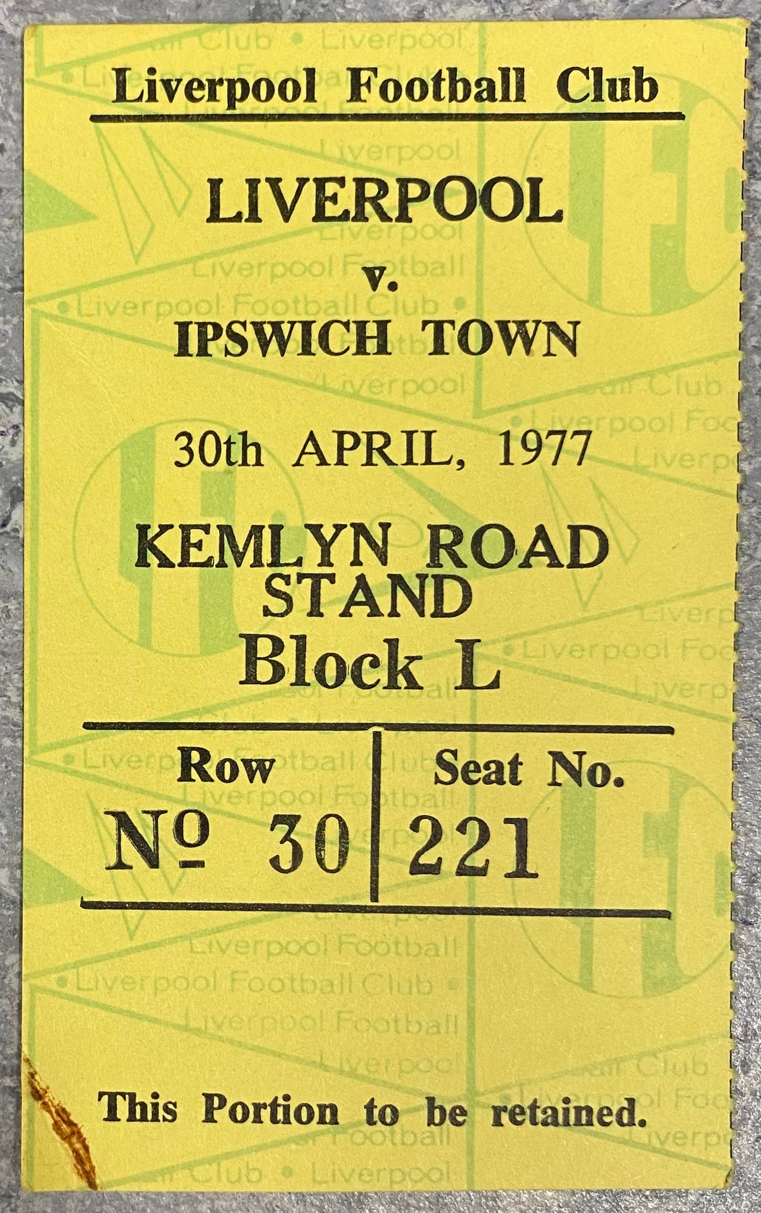 1976/77 ORIGINAL DIVISION ONE TICKET LIVERPOOL V IPSWICH TOWN