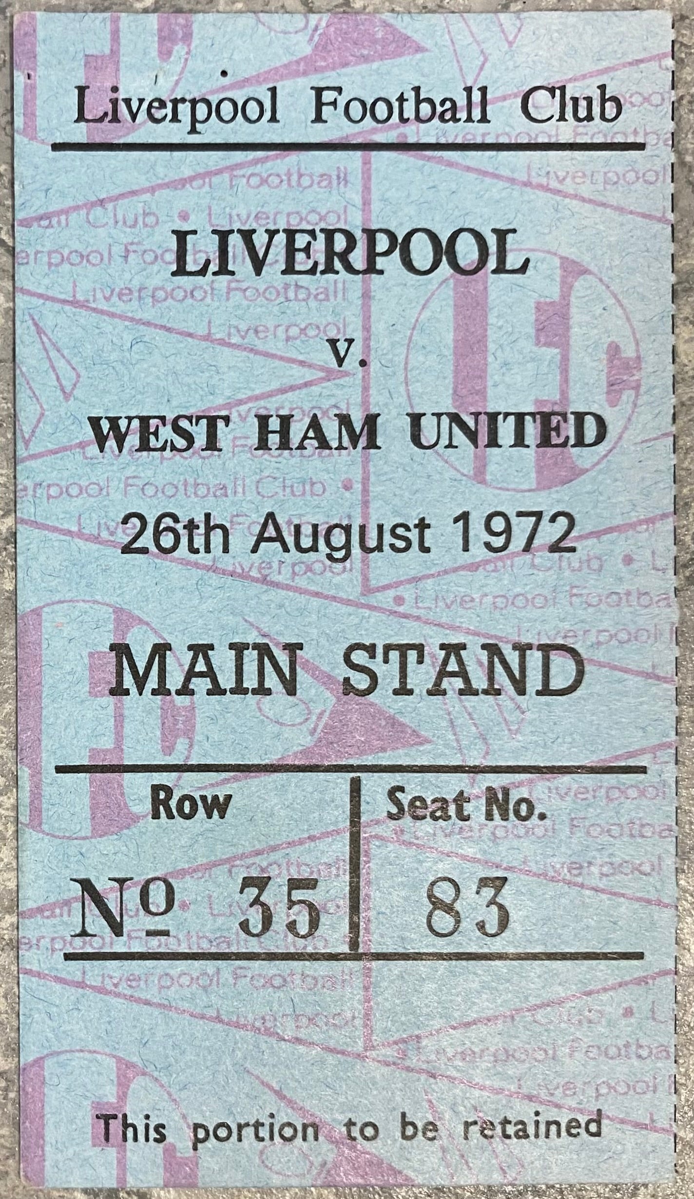 1972/73 ORIGINAL DIVISION ONE TICKET LIVERPOOL V WEST HAM UNITED