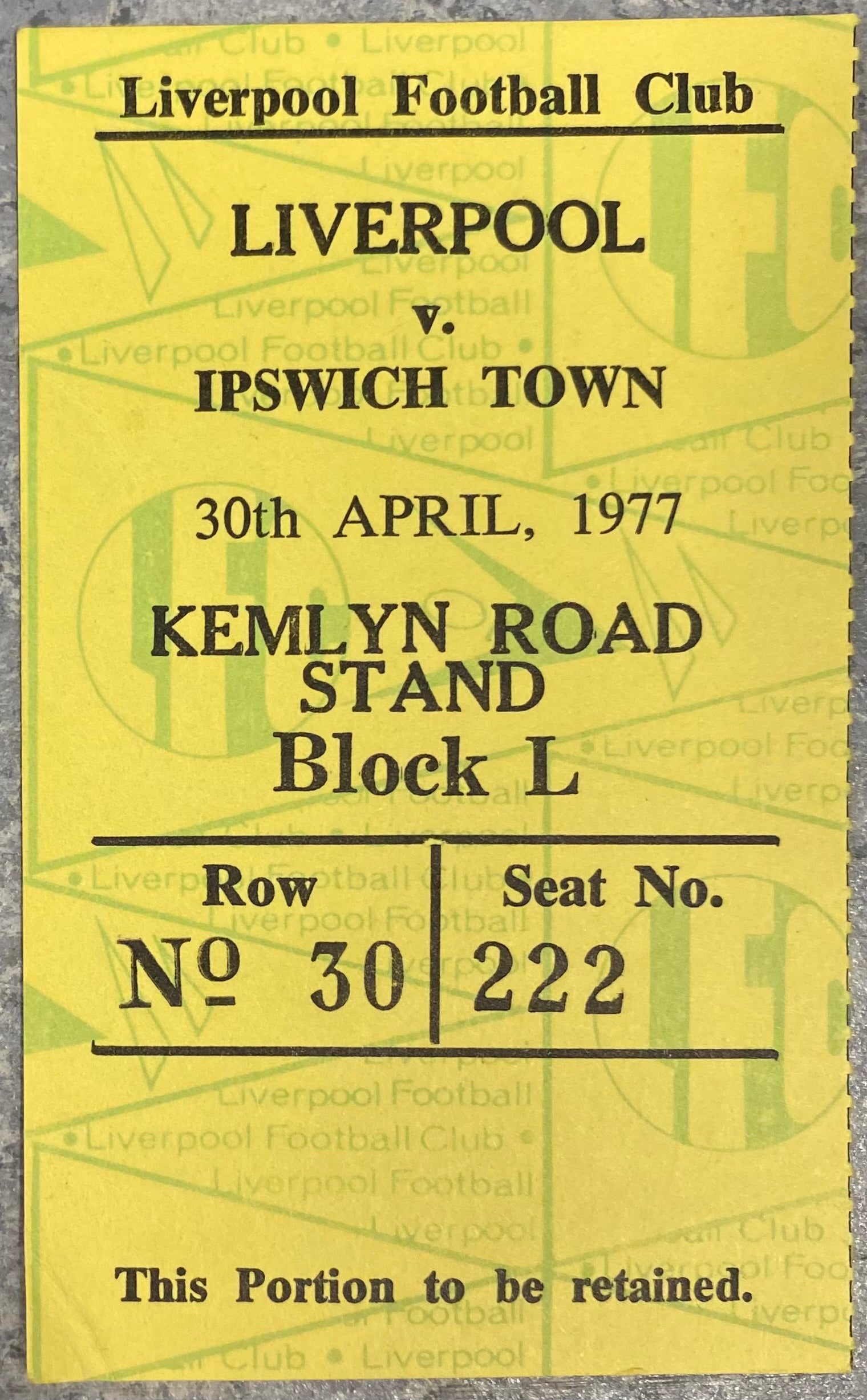 1976/77 ORIGINAL DIVISION ONE TICKET LIVERPOOL V IPSWICH TOWN