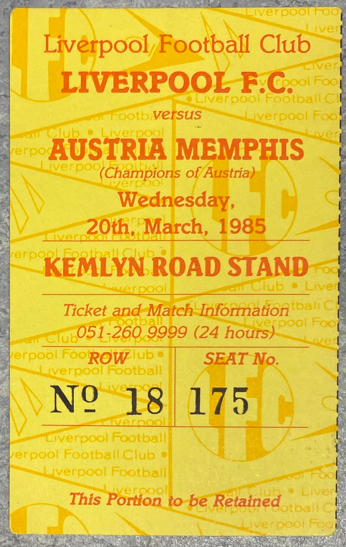 1984/85 ORIGINAL EUROPEAN CUP QUARTER FINAL 2ND LEG TICKET LIVERPOOL V AUSTRIA VIENNA