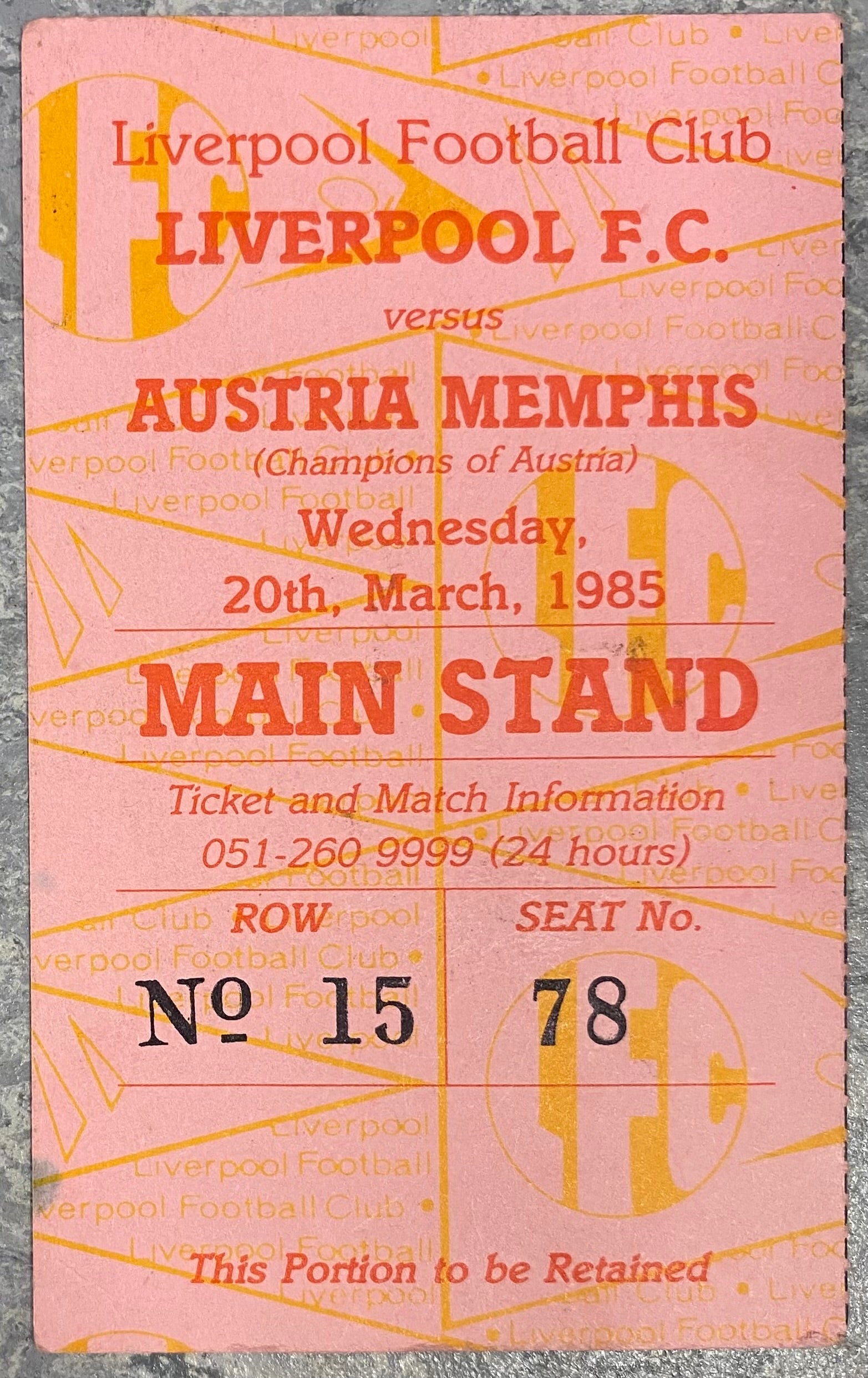 1984/85 ORIGINAL EUROPEAN CUP QUARTER FINAL 2ND LEG TICKET LIVERPOOL V AUSTRIA VIENNA