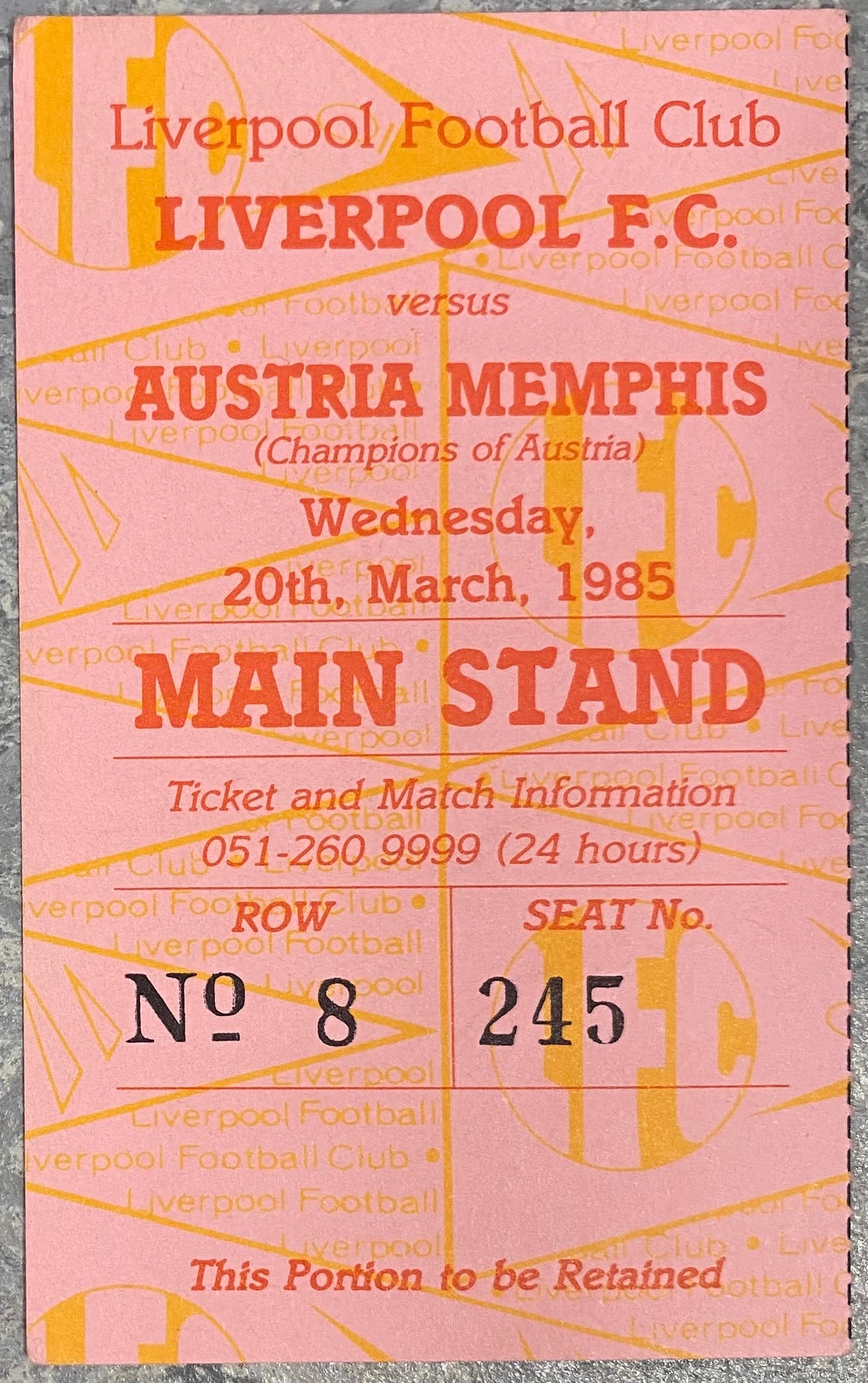 1984/85 ORIGINAL EUROPEAN CUP QUARTER FINAL 2ND LEG TICKET LIVERPOOL V AUSTRIA VIENNA