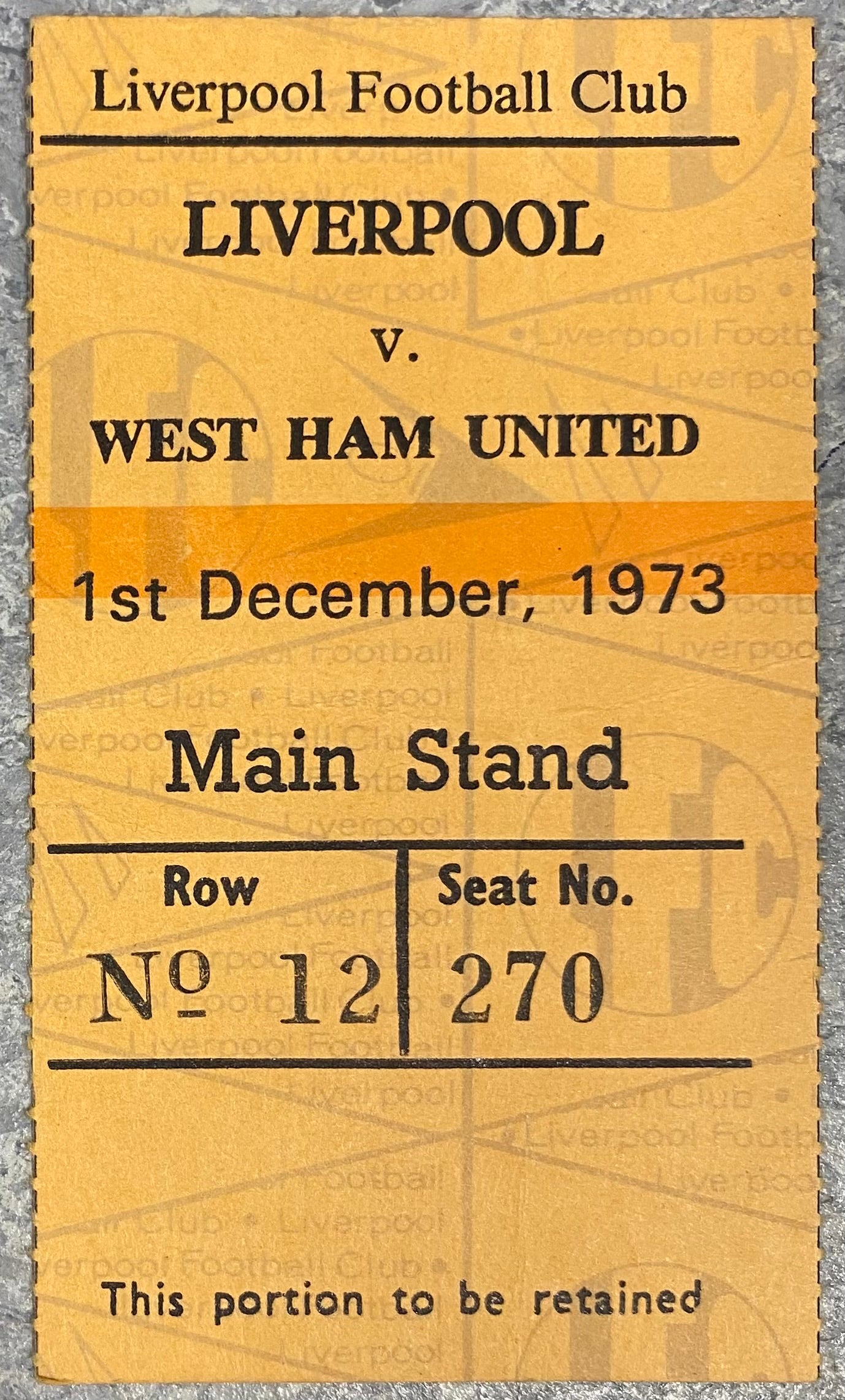 1973/74 ORIGINAL DIVISION ONE TICKET LIVERPOOL V WEST HAM UNITED