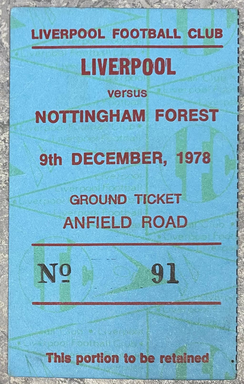 1978/79  ORIGINAL EUROPEAN CUP 1ST ROUND 1ST LEG TICKET LIVERPOOL V NOTTINGHAM FOREST
