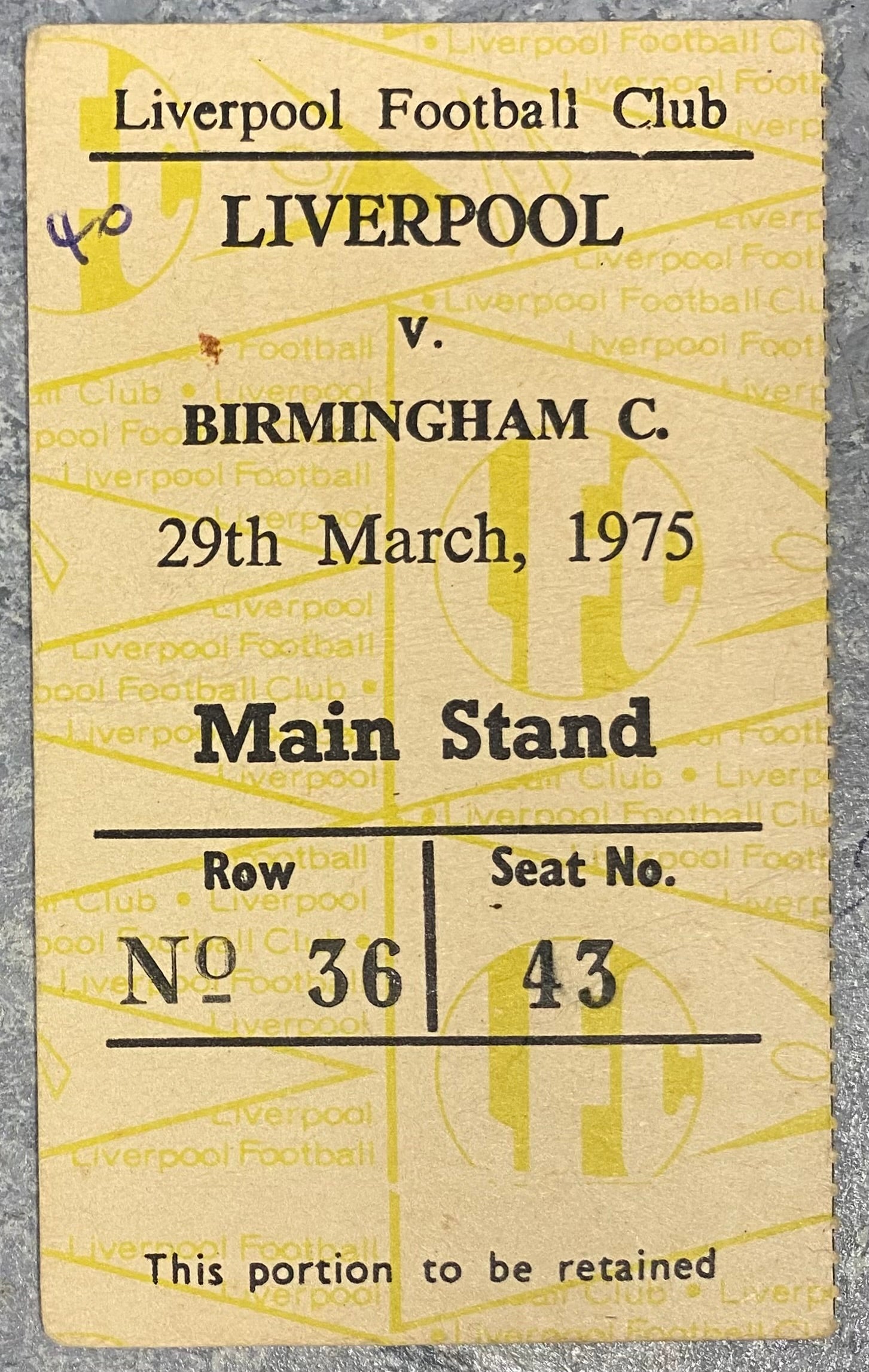 1974/75 ORIGINAL DIVISION ONE TICKET LIVERPOOL V BIRMINGHAM CITY
