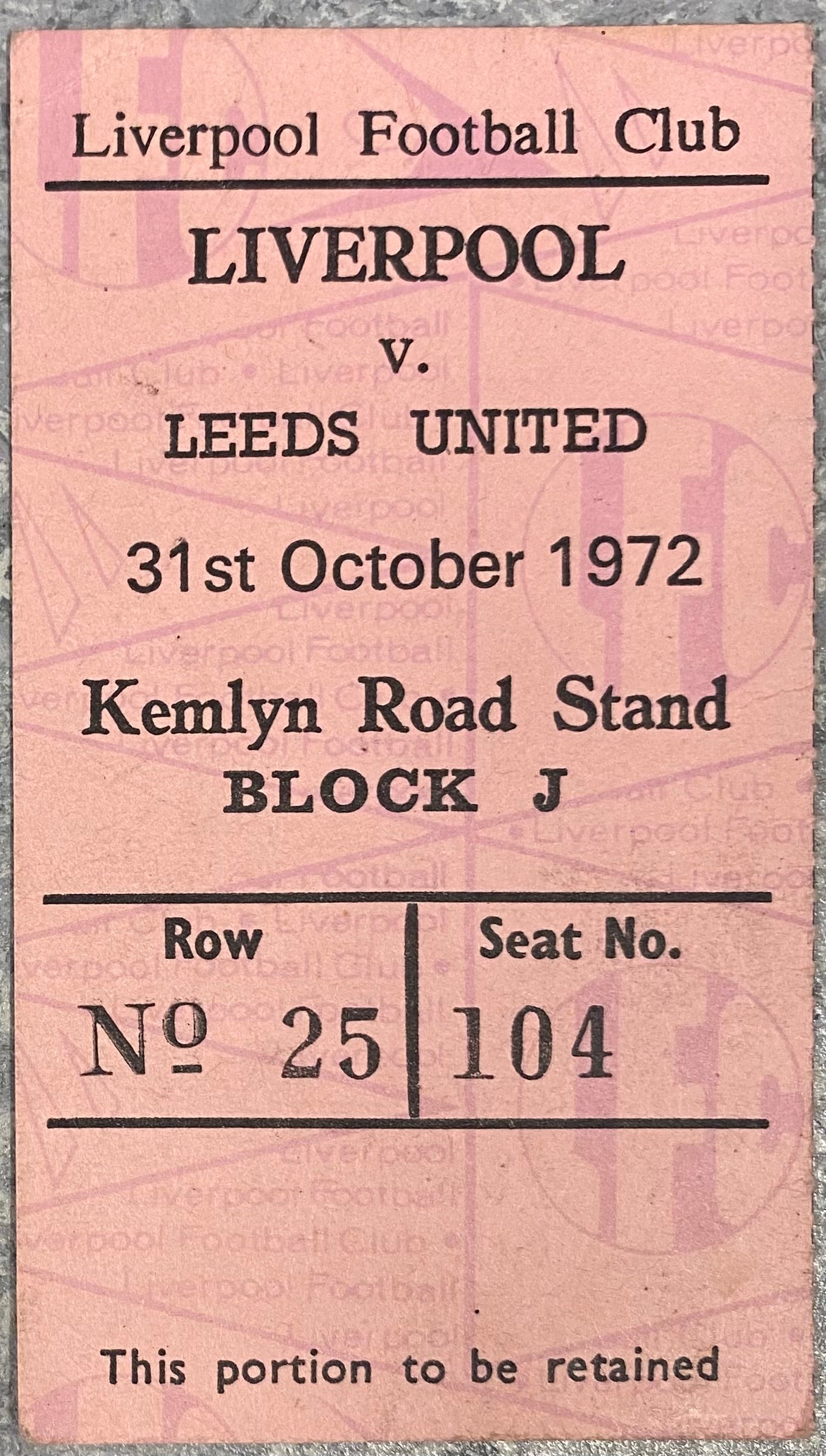 1972/73 ORIGINAL DIVISION ONE TICKET LIVERPOOL V LEEDS UNITED