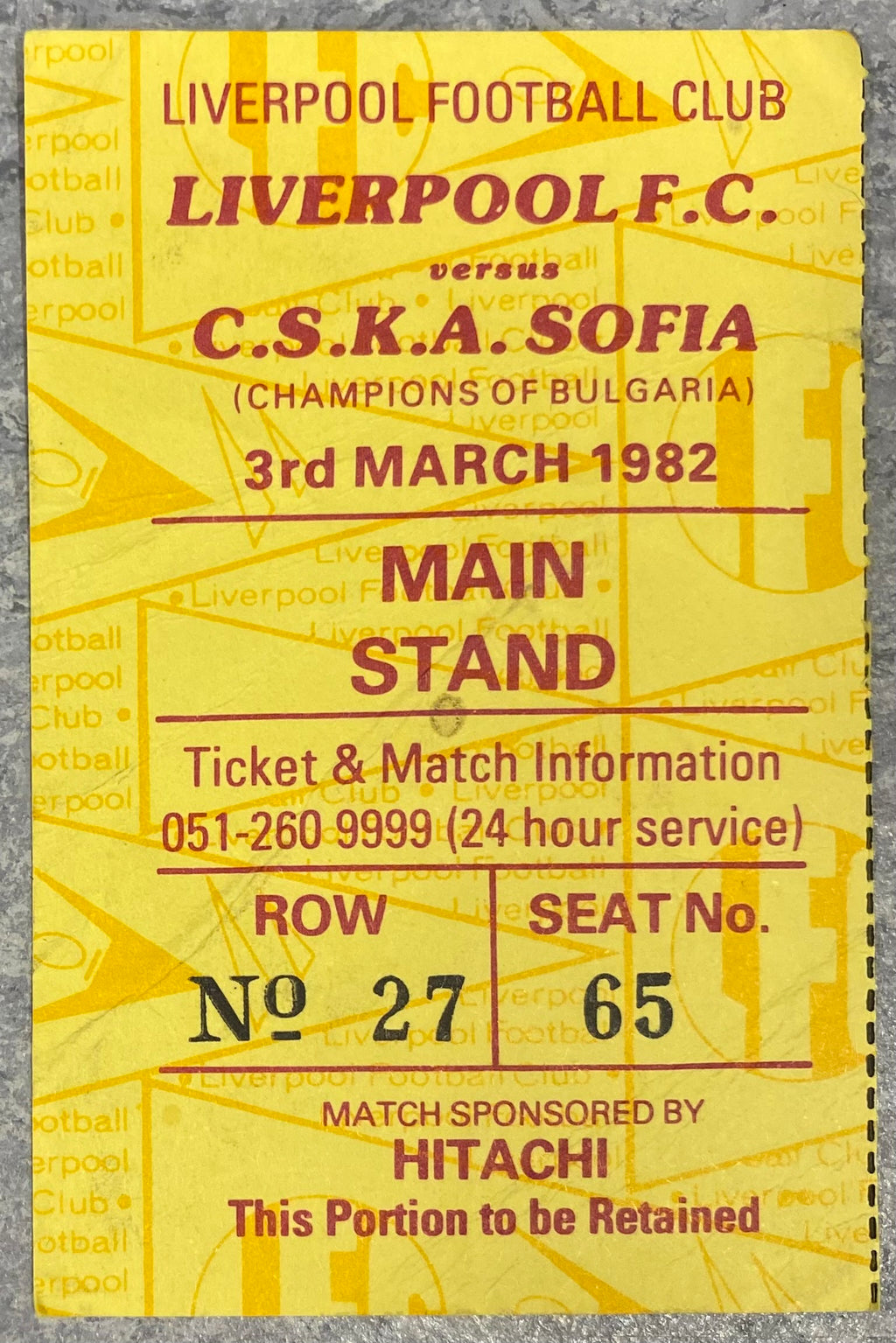 1981/82 ORIGINAL EUROPEAN CUP QUARTER FINAL 1ST LEG TICKET LIVERPOOL V CSKA SOFIA