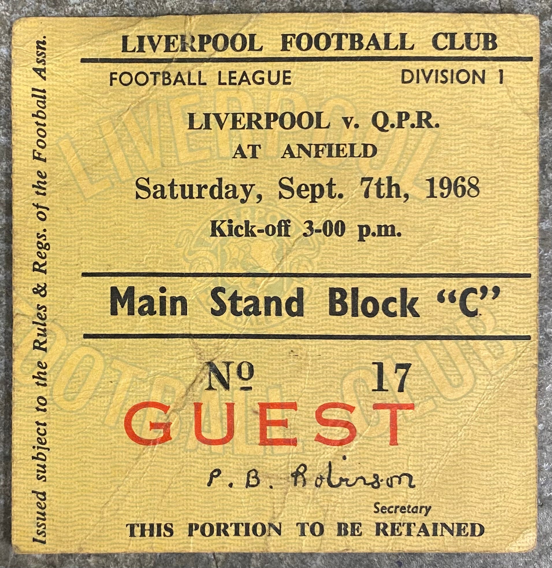 1968/69 ORIGINAL DIVISION ONE TICKET LIVERPOOL V QUEENS PARK RANGERS
