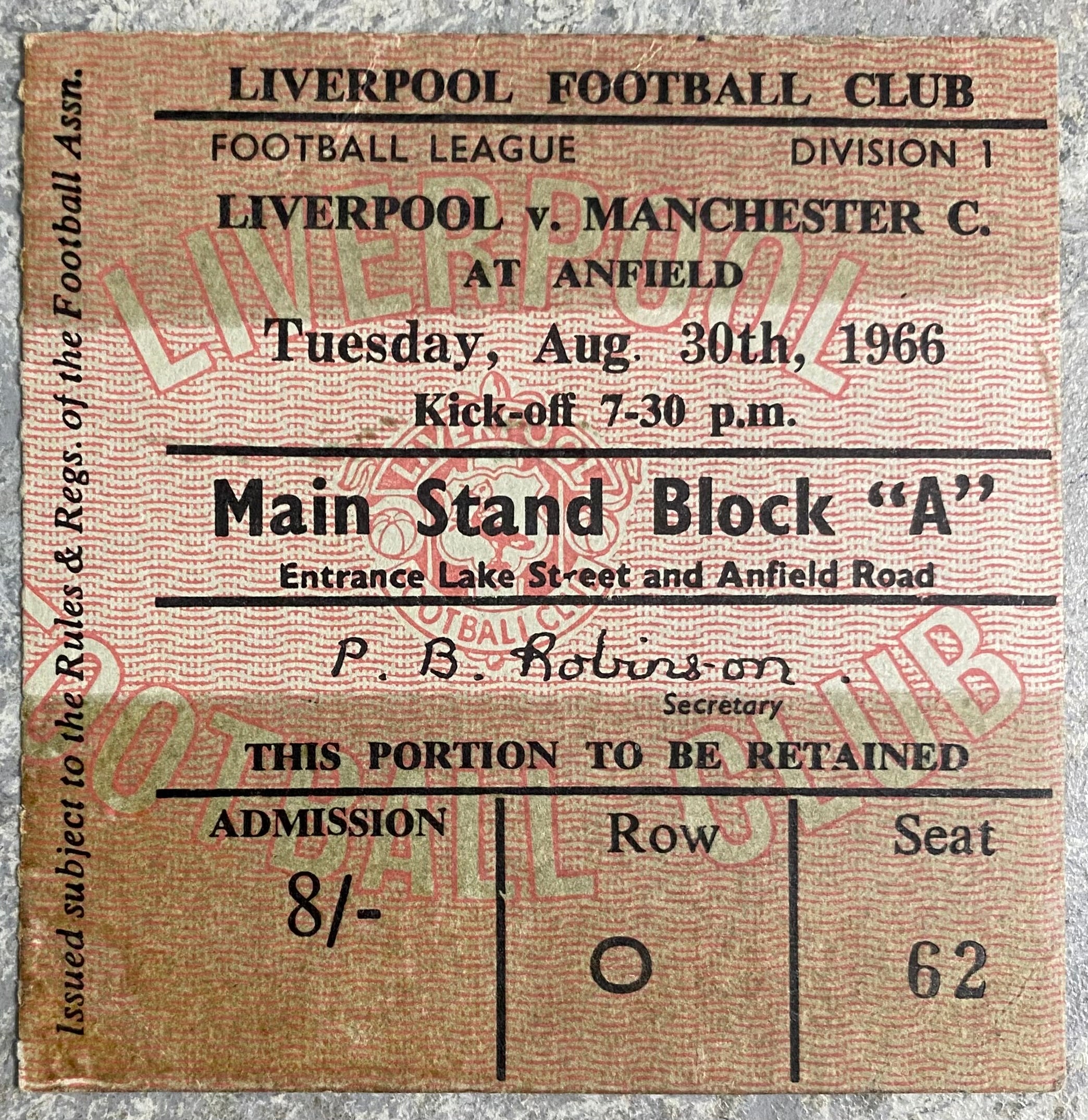 1966/67 ORIGINAL DIVISION ONE TICKET LIVERPOOL V MANCHESTER CITY