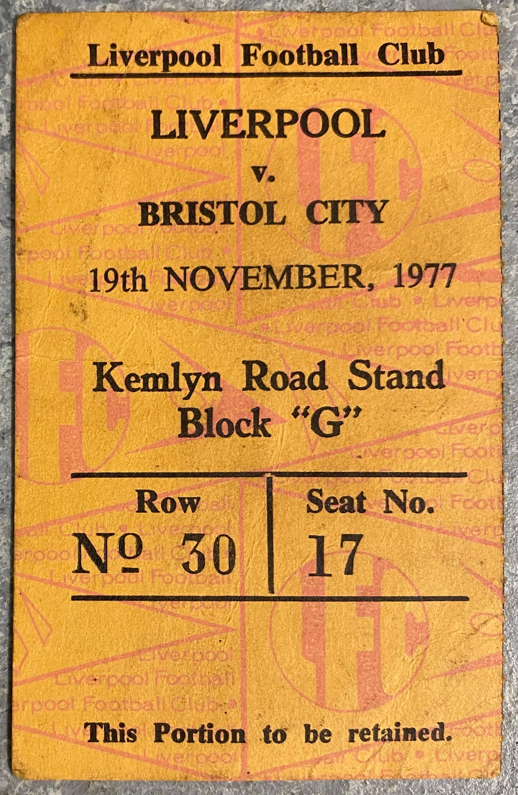 1977/78 ORIGINAL DIVISION ONE TICKET LIVERPOOL V BRISTOL CITY