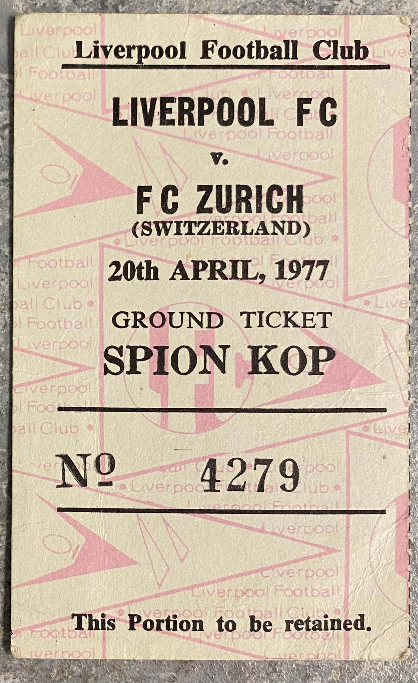 1976/77 ORIGINAL EUROPEAN CUP SEMI FINAL 2ND LEG TICKET LIVERPOOL V FC ZURICH